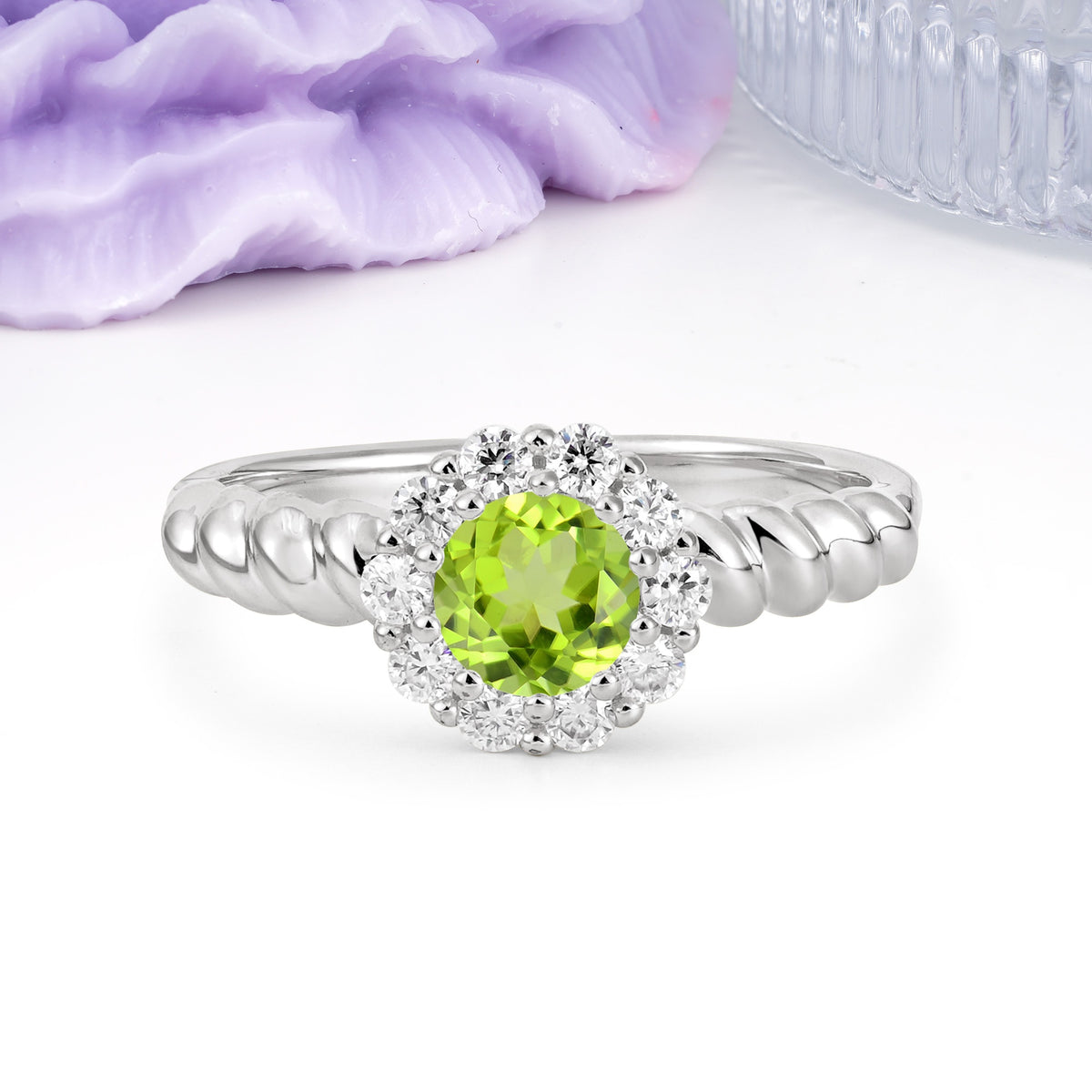 Classic Flower-Shaped 10-Prong Round Cut Peridot Engagement Ring - Additional view