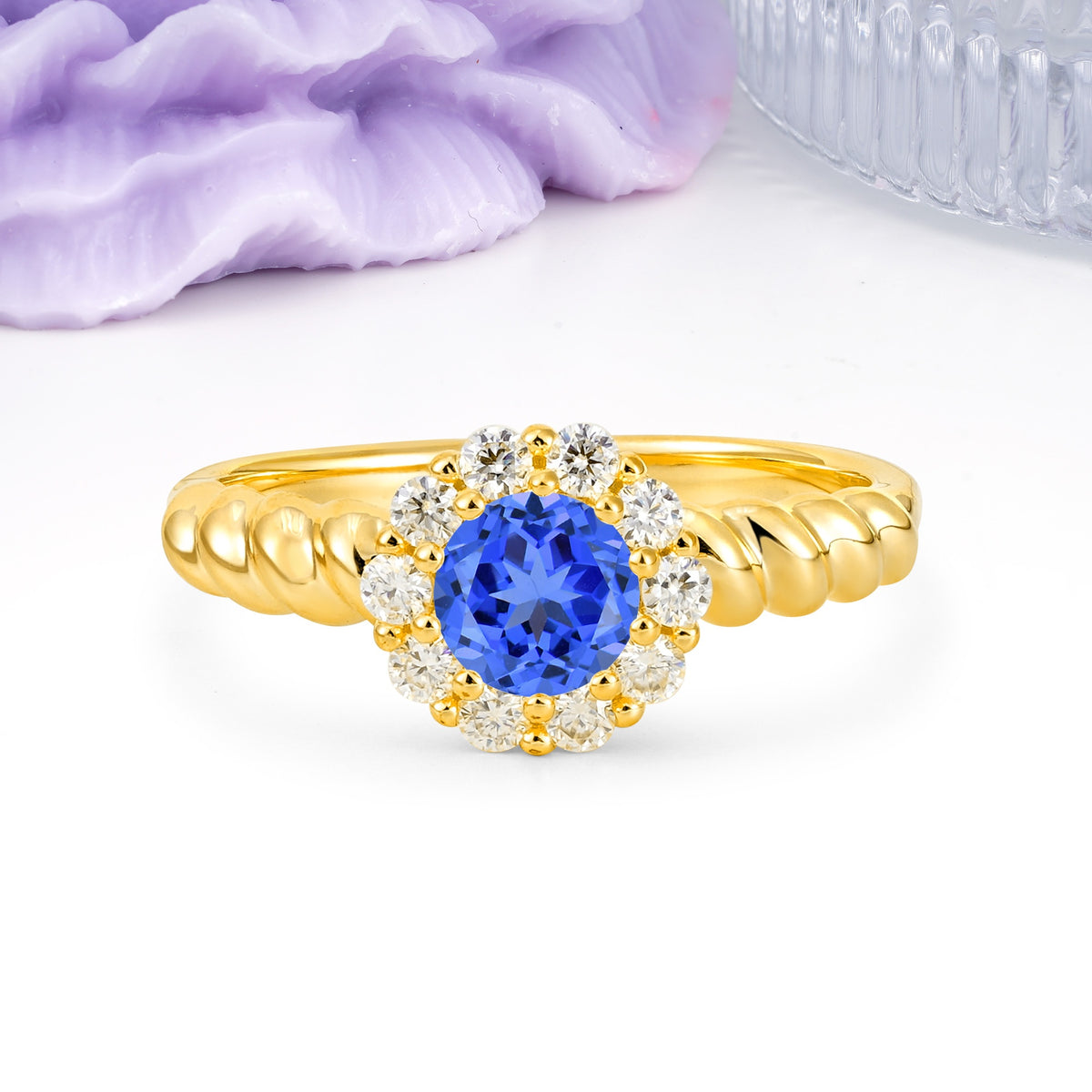 Classic Flower-Shaped 10-Prong Round Cut Sapphire Engagement Ring - Additional view