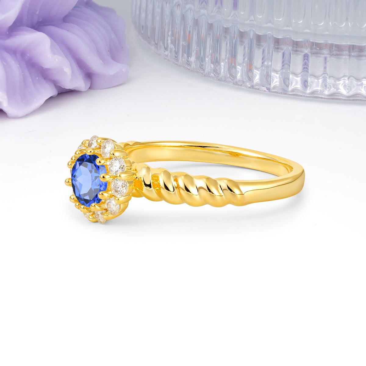 Classic Flower-Shaped 10-Prong Round Cut Sapphire Engagement Ring - Additional view