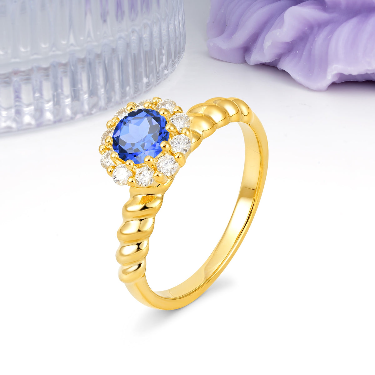 Classic Flower-Shaped 10-Prong Round Cut Sapphire Engagement Ring - Additional view