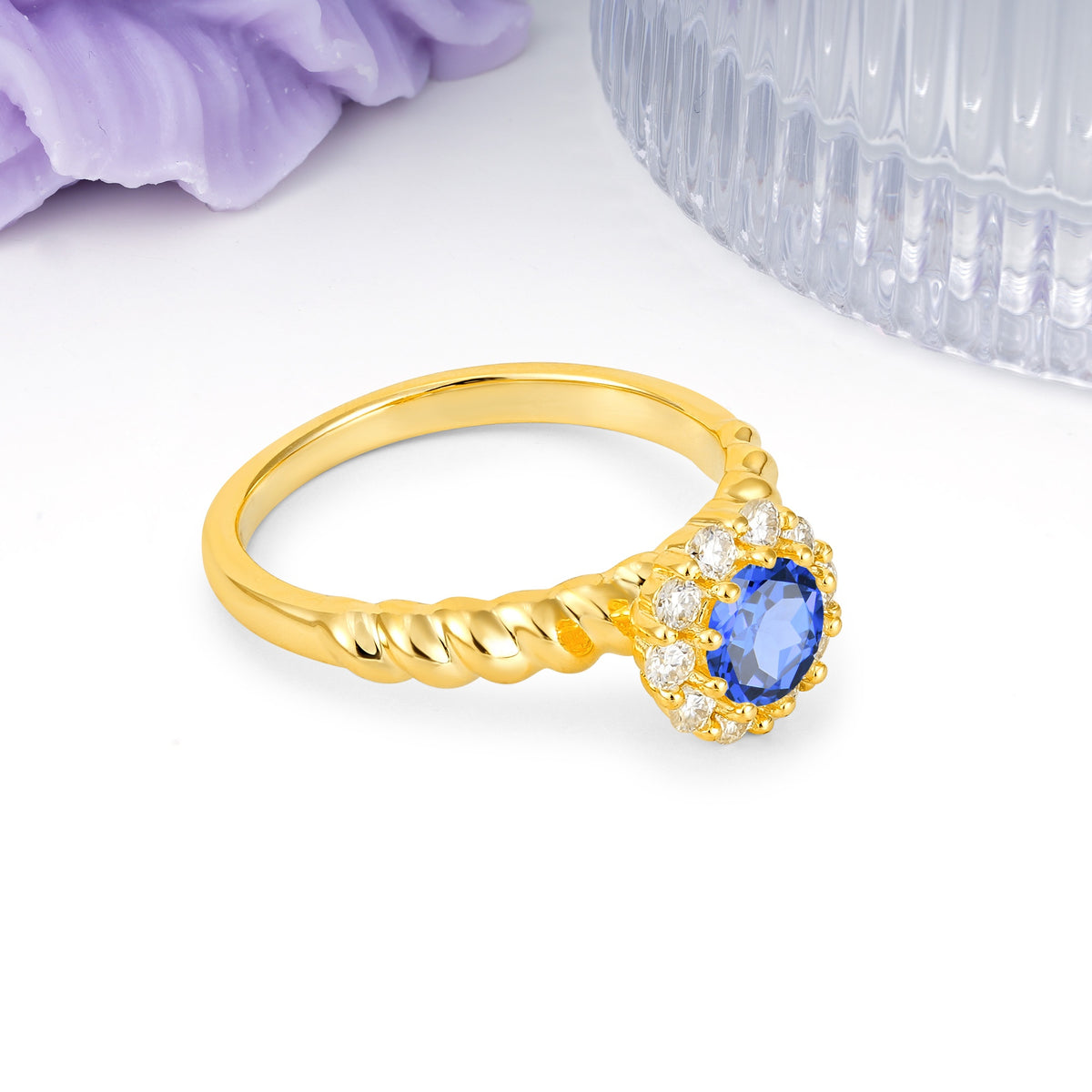 Classic Flower-Shaped 10-Prong Round Cut Sapphire Engagement Ring - Additional view