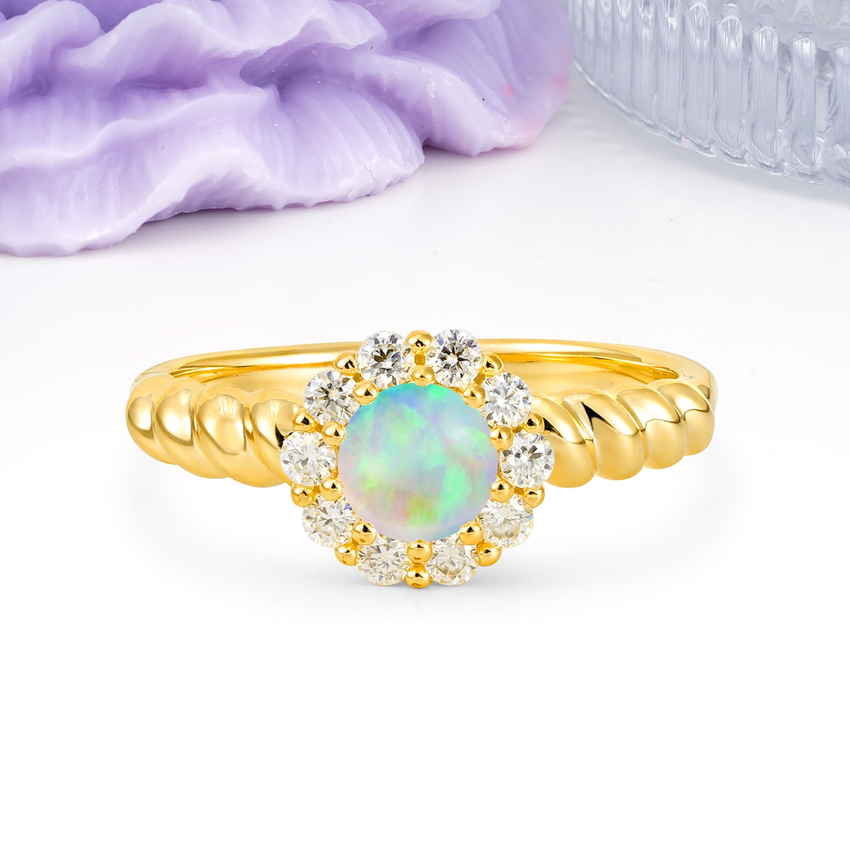 Classic Flower-Shaped 10-Prong Round Cut Fire Opal Engagement Ring - Additional view