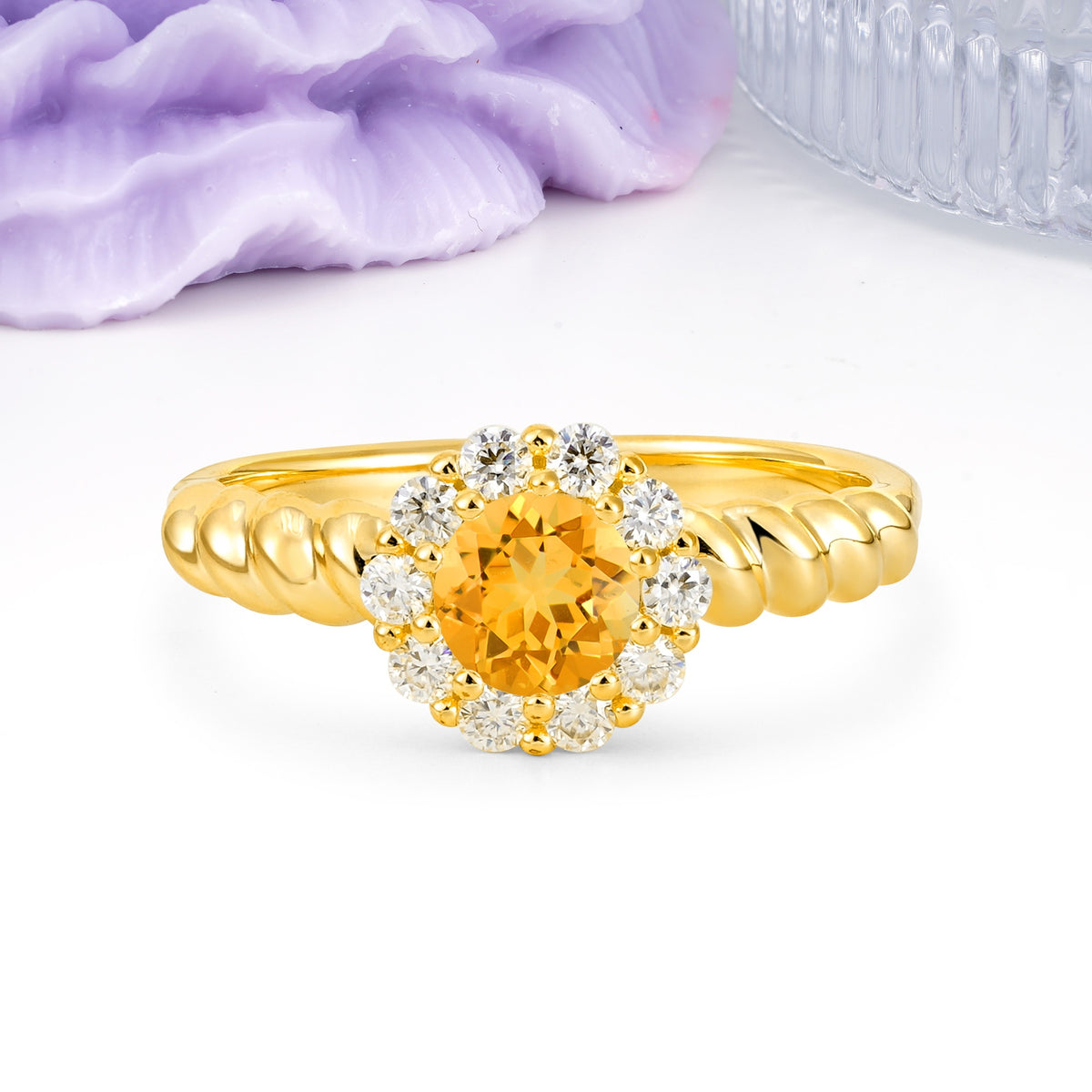 Classic Flower-Shaped 10-Prong Round Cut Citrine Engagement Ring - Additional view