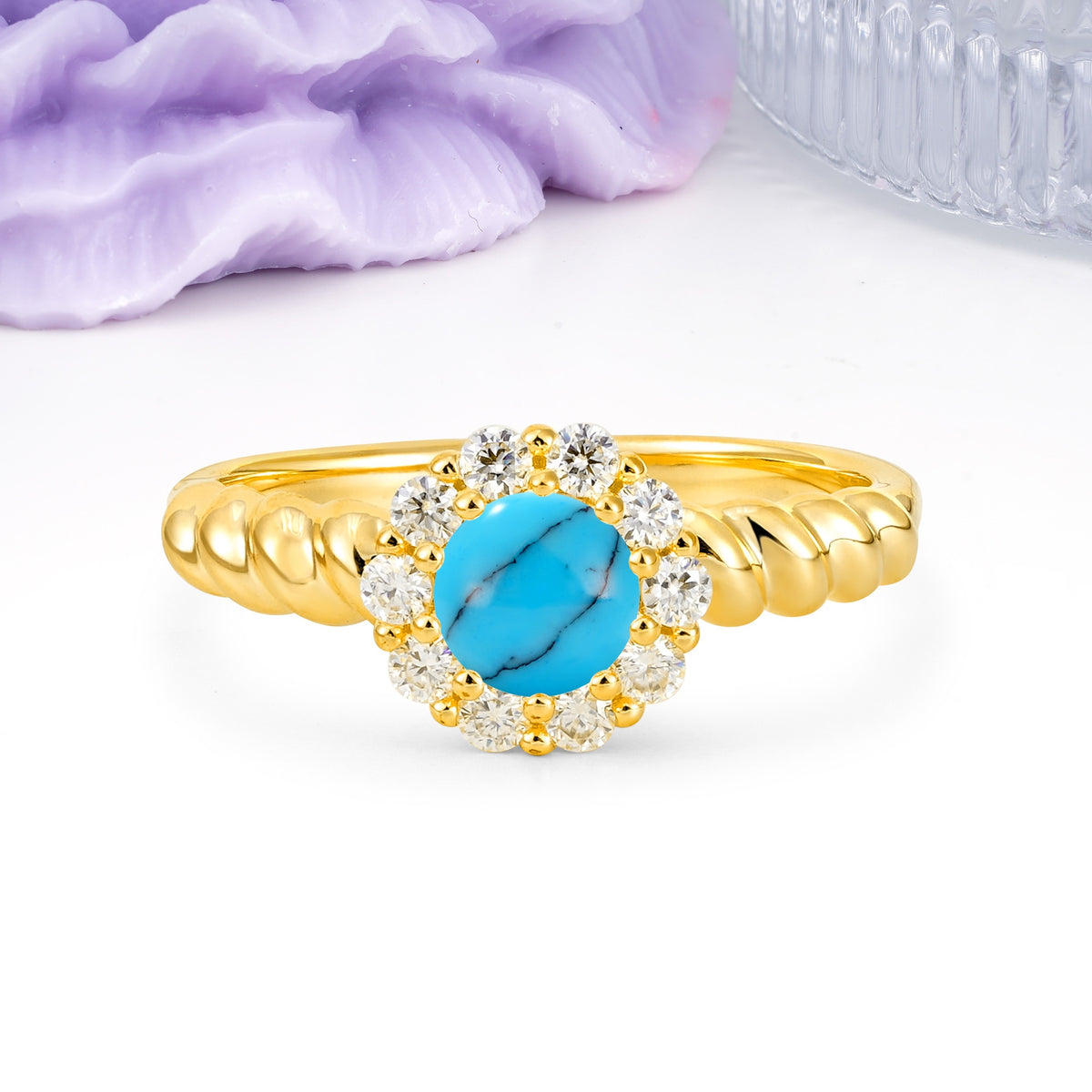 Classic Flower-Shaped 10-Prong Round Cut Turquoise Engagement Ring - Additional view