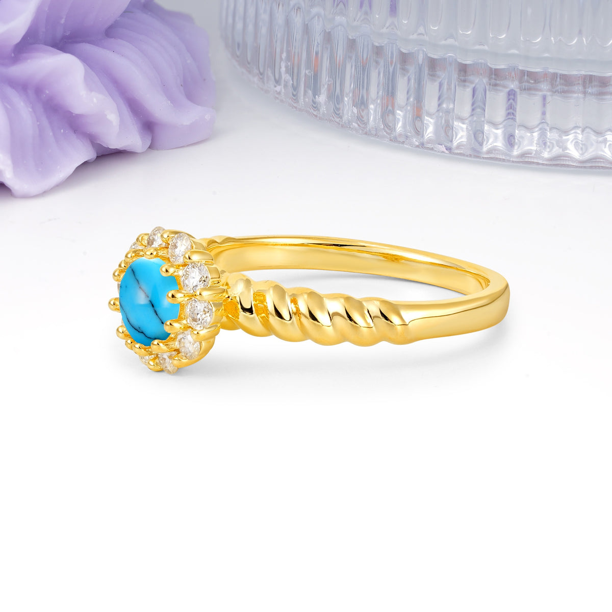 Classic Flower-Shaped 10-Prong Round Cut Turquoise Engagement Ring - Additional view