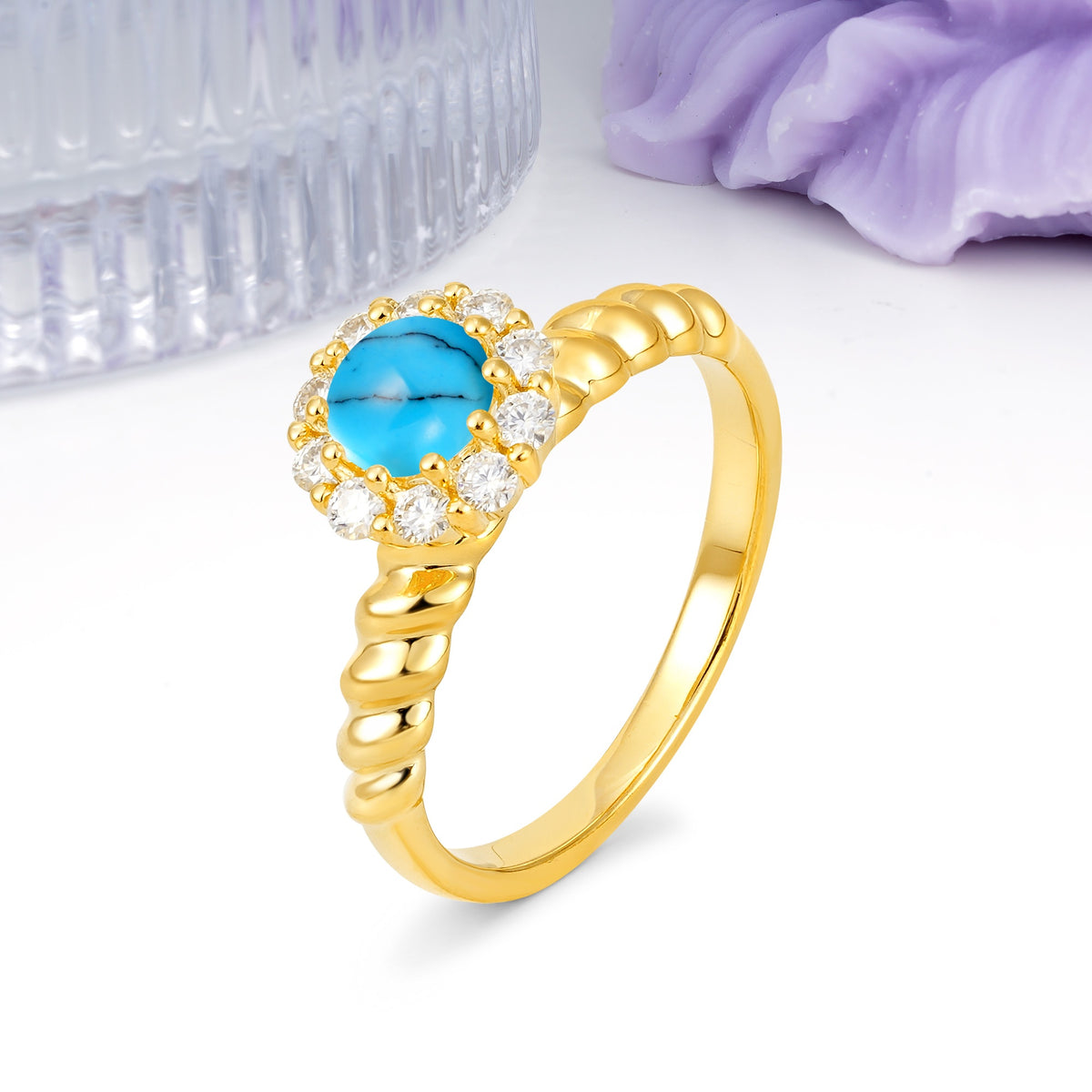 Classic Flower-Shaped 10-Prong Round Cut Turquoise Engagement Ring - Additional view
