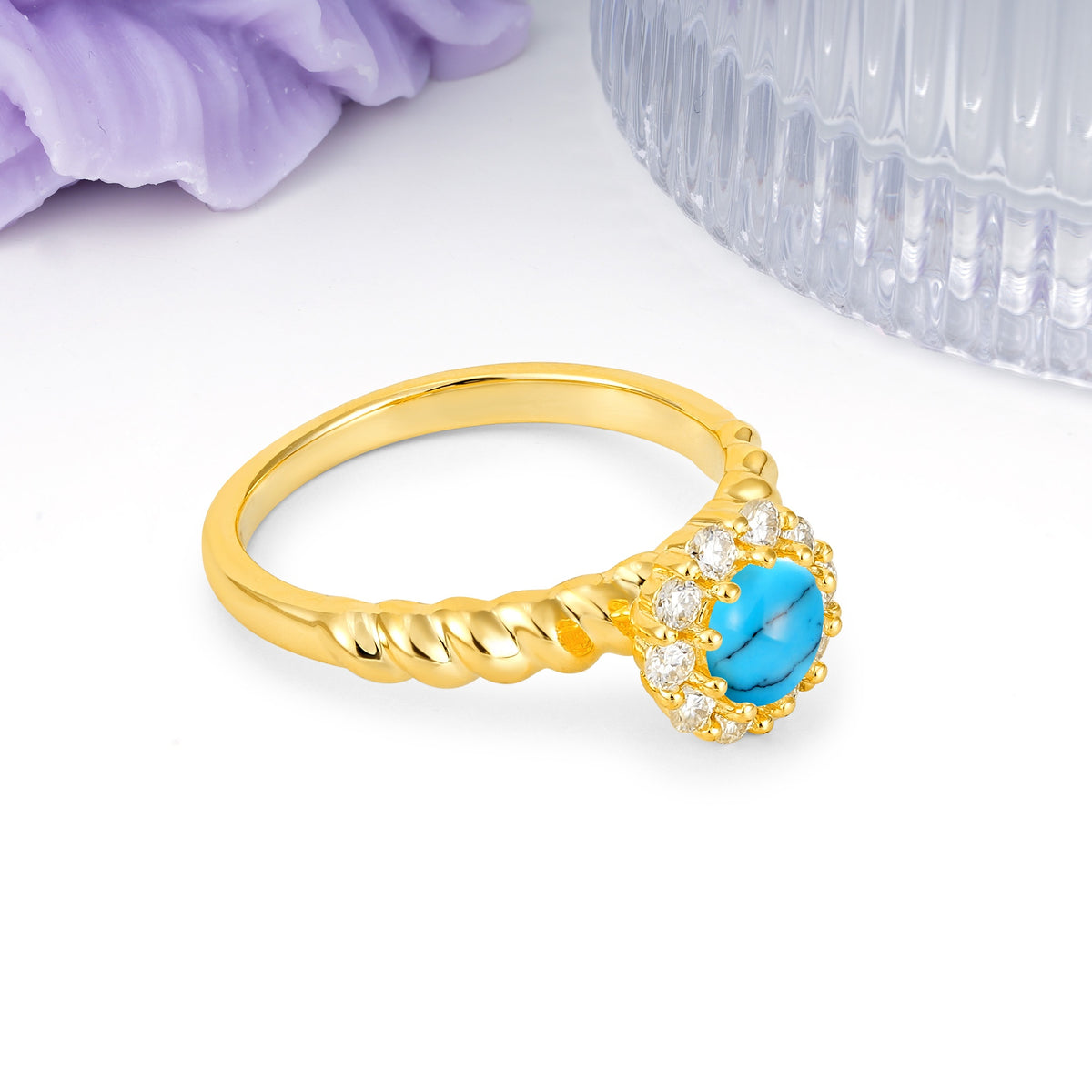 Classic Flower-Shaped 10-Prong Round Cut Turquoise Engagement Ring - Additional view