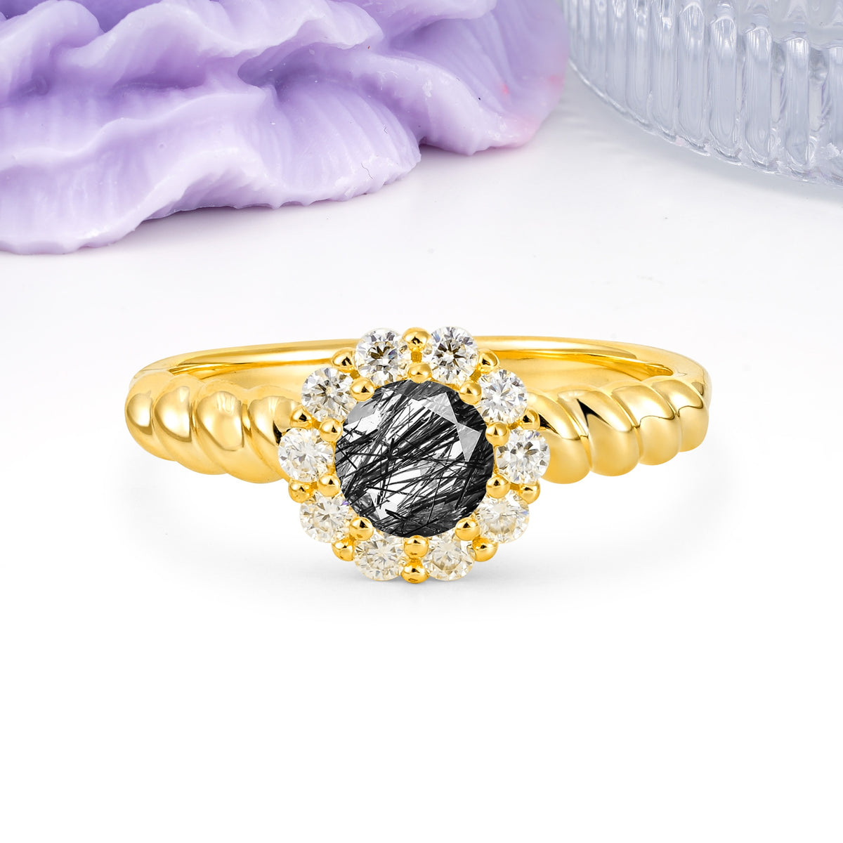 Classic Flower-Shaped 10-Prong Round Cut Black Rutilated Quartz Engagement Ring - Additional view