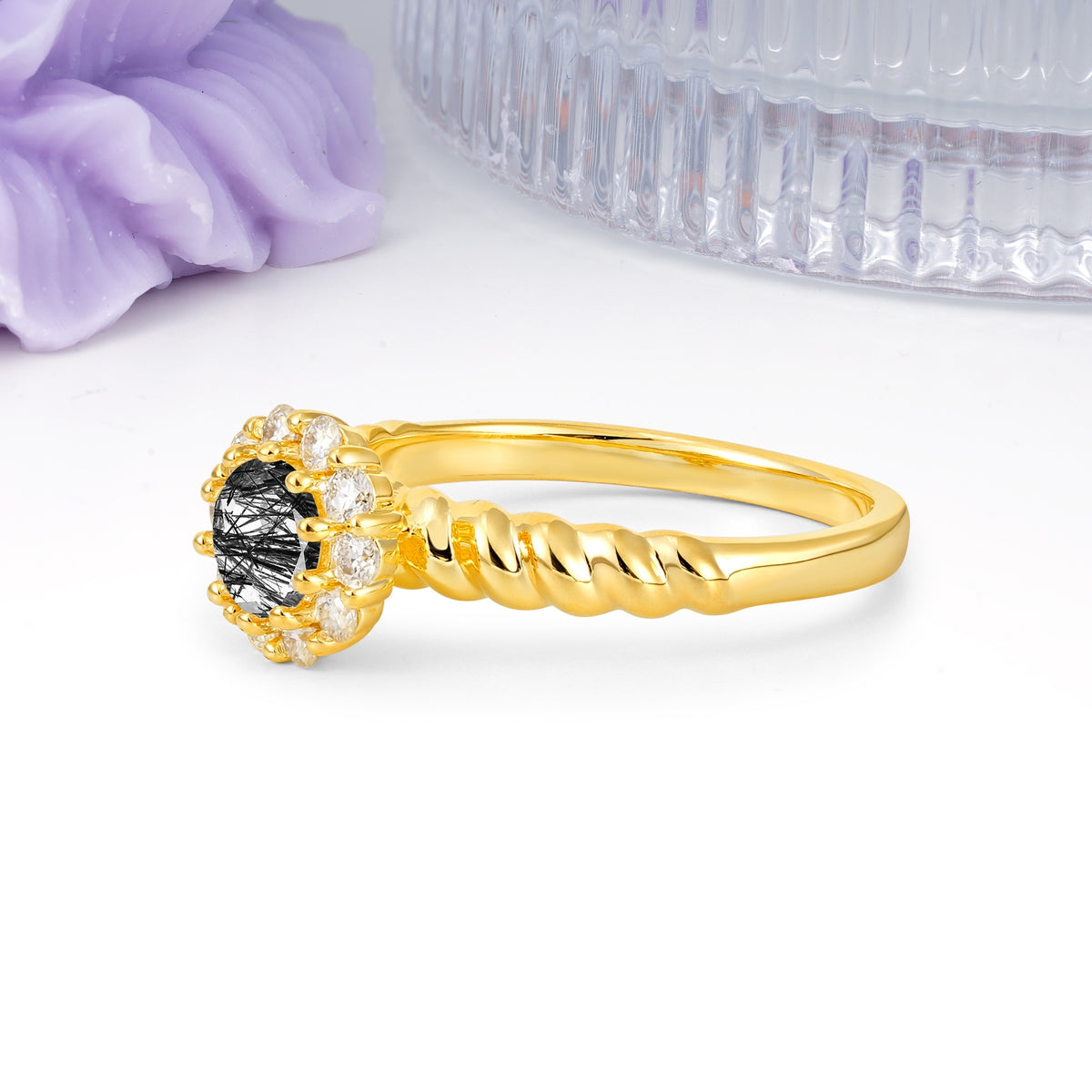 Classic Flower-Shaped 10-Prong Round Cut Black Rutilated Quartz Engagement Ring - Additional view
