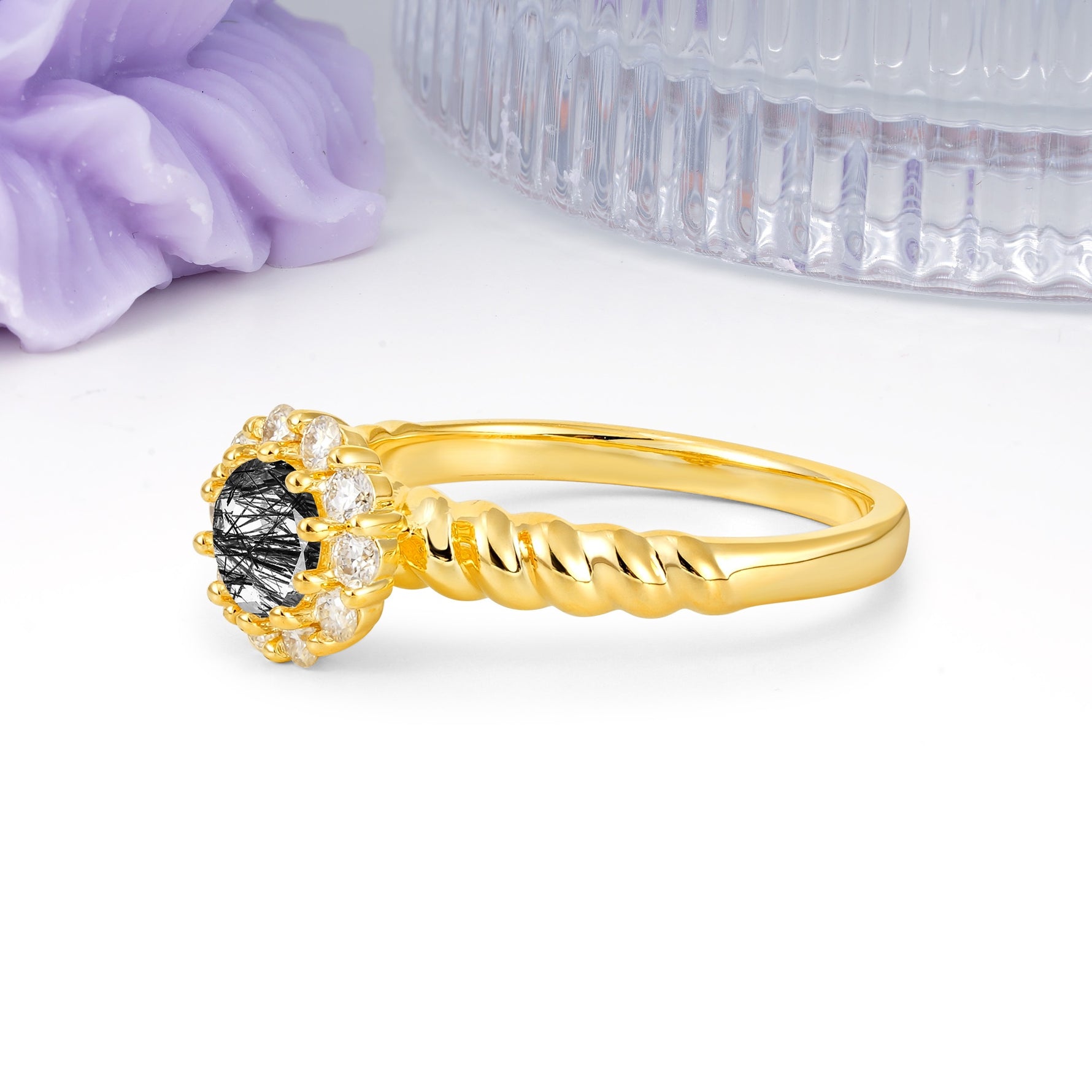 Classic Flower-Shaped 10-Prong Round Cut Black Rutilated Quartz Engagement Ring - Additional view