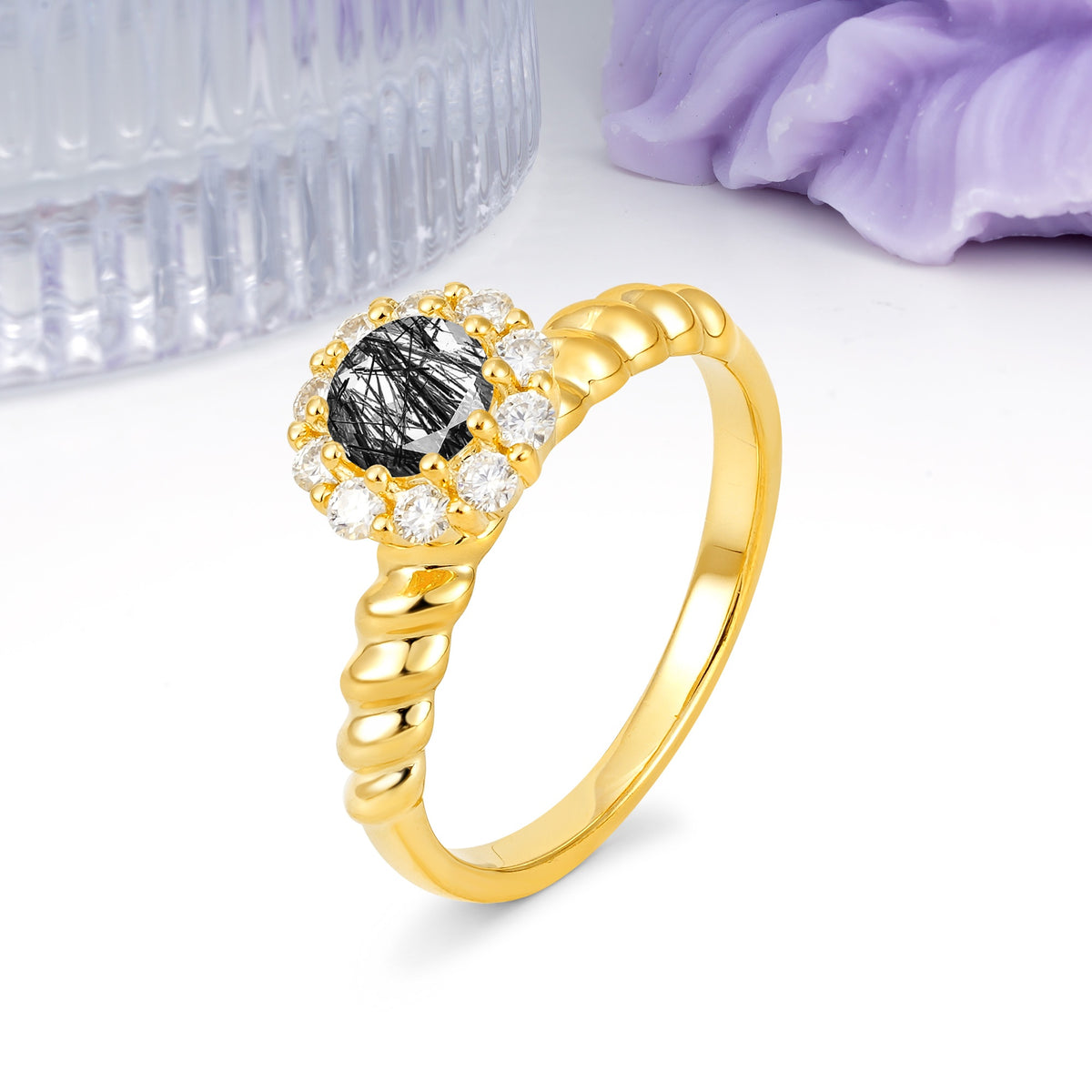Classic Flower-Shaped 10-Prong Round Cut Black Rutilated Quartz Engagement Ring - Additional view