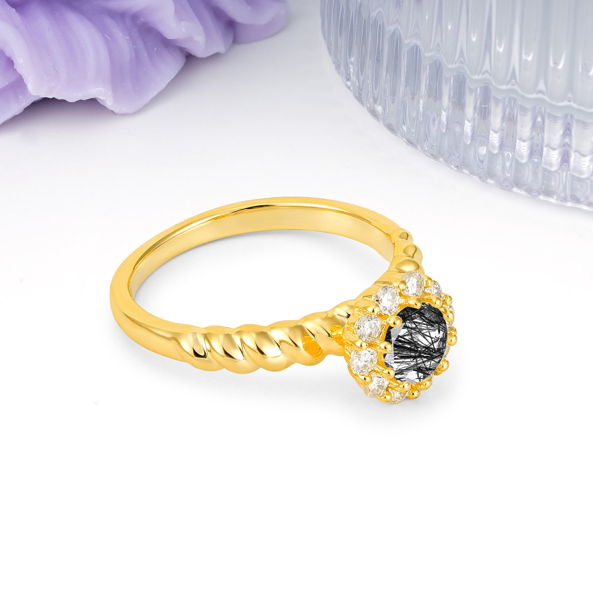 Classic Flower-Shaped 10-Prong Round Cut Black Rutilated Quartz Engagement Ring - Additional view