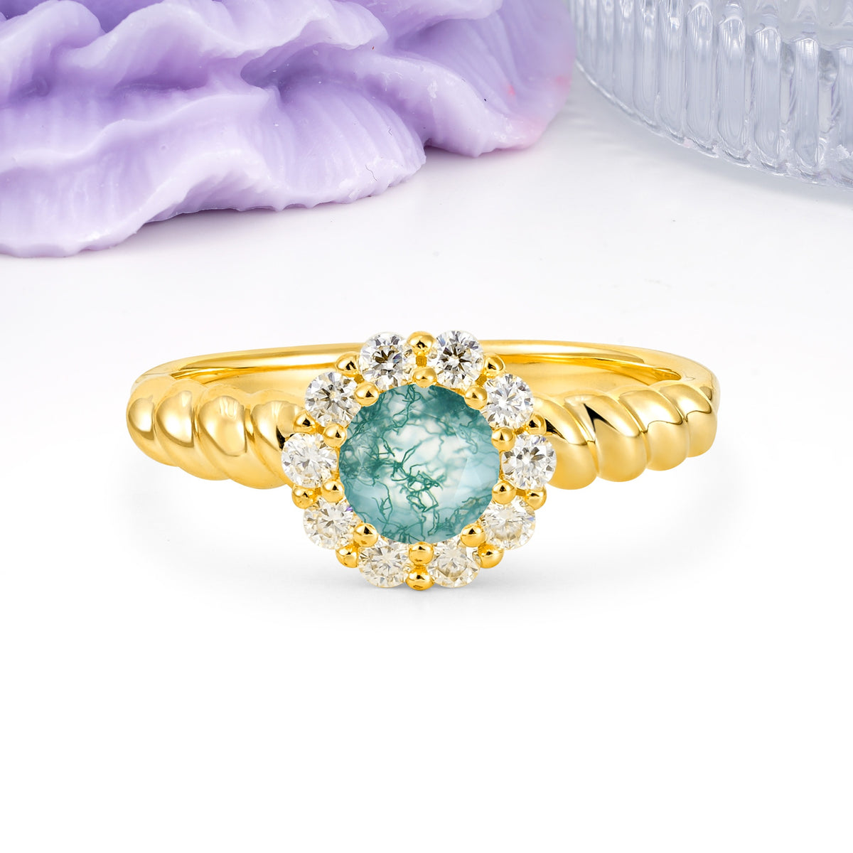 Classic Flower-Shaped 10-Prong Round Cut Moss Agate Engagement Ring - Additional view