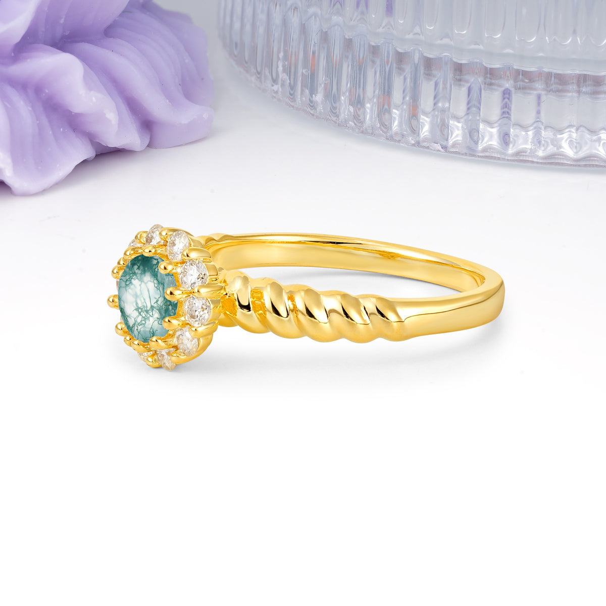 Classic Flower-Shaped 10-Prong Round Cut Moss Agate Engagement Ring - Additional view