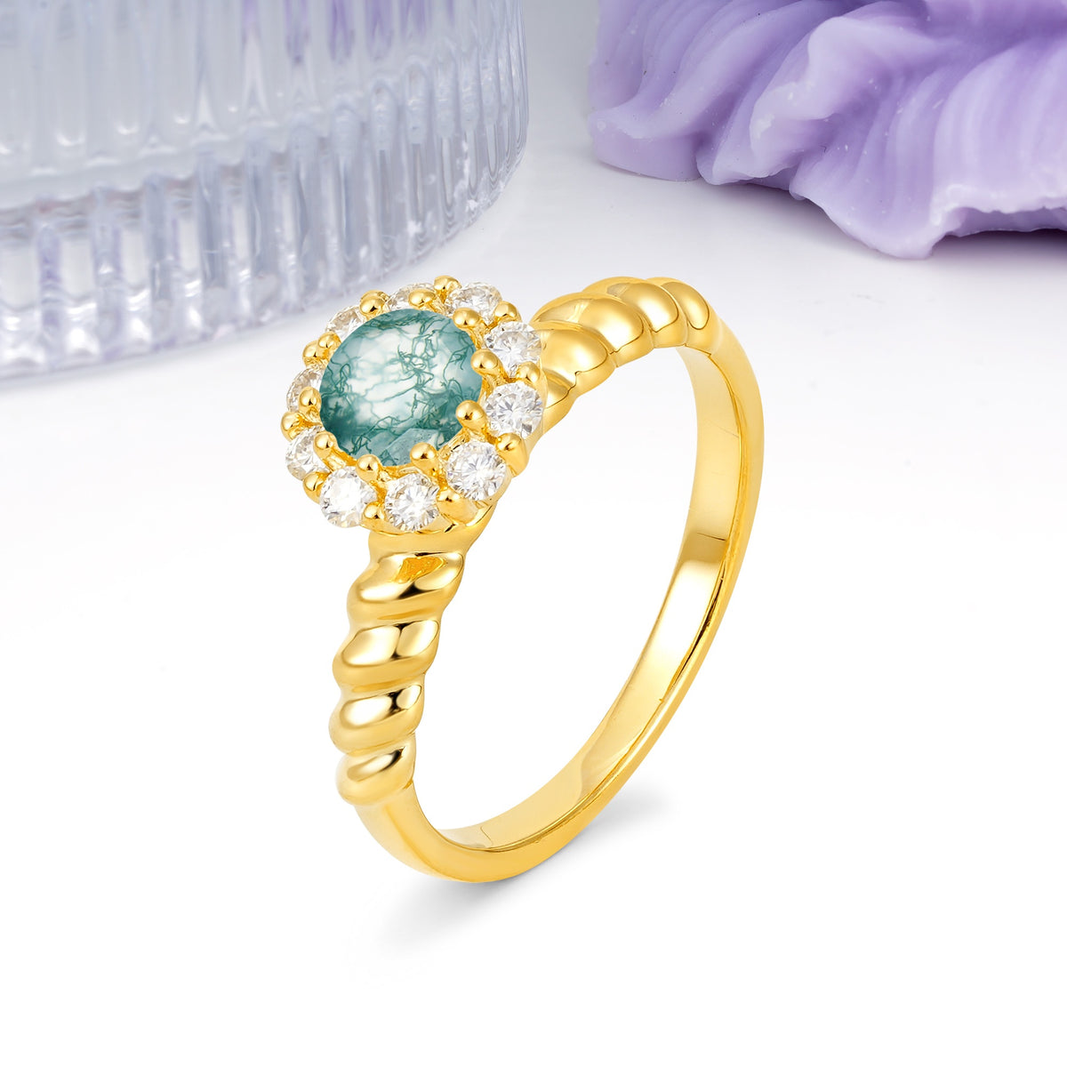 Classic Flower-Shaped 10-Prong Round Cut Moss Agate Engagement Ring - Additional view
