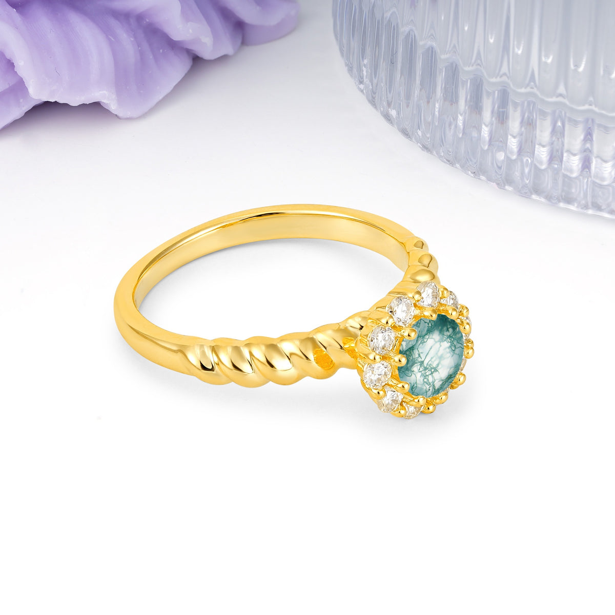 Classic Flower-Shaped 10-Prong Round Cut Moss Agate Engagement Ring - Additional view