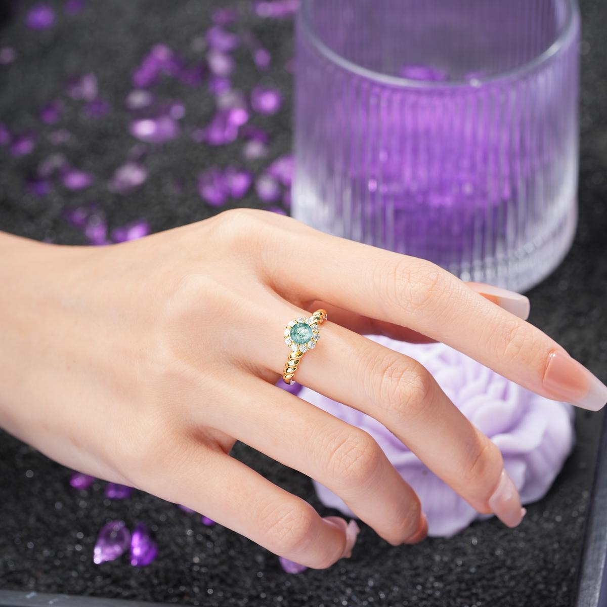 Classic Flower-Shaped 10-Prong Round Cut Moss Agate Engagement Ring