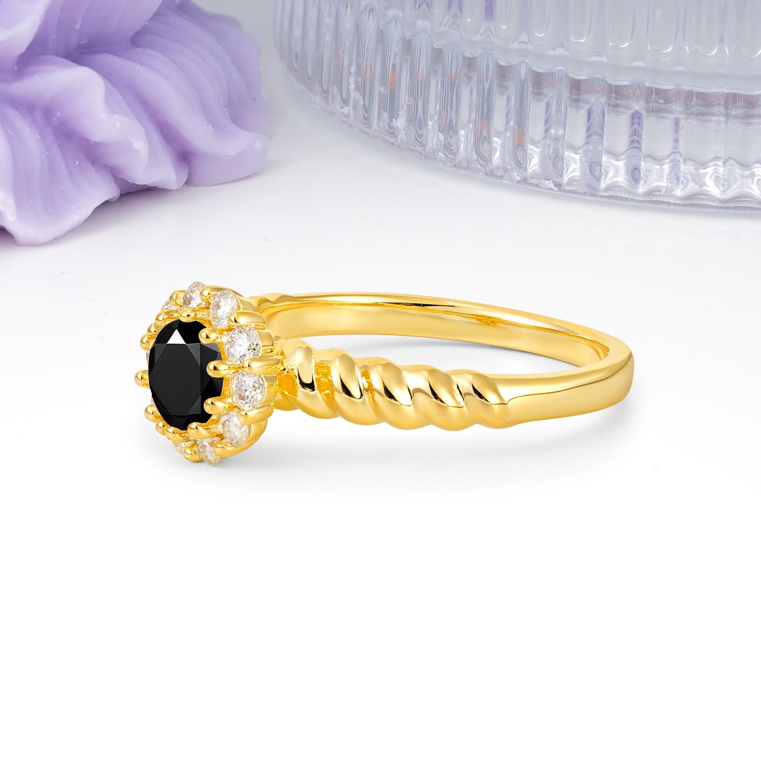 Classic Flower-Shaped 10-Prong Round Cut Black Onyx Engagement Ring - Additional view