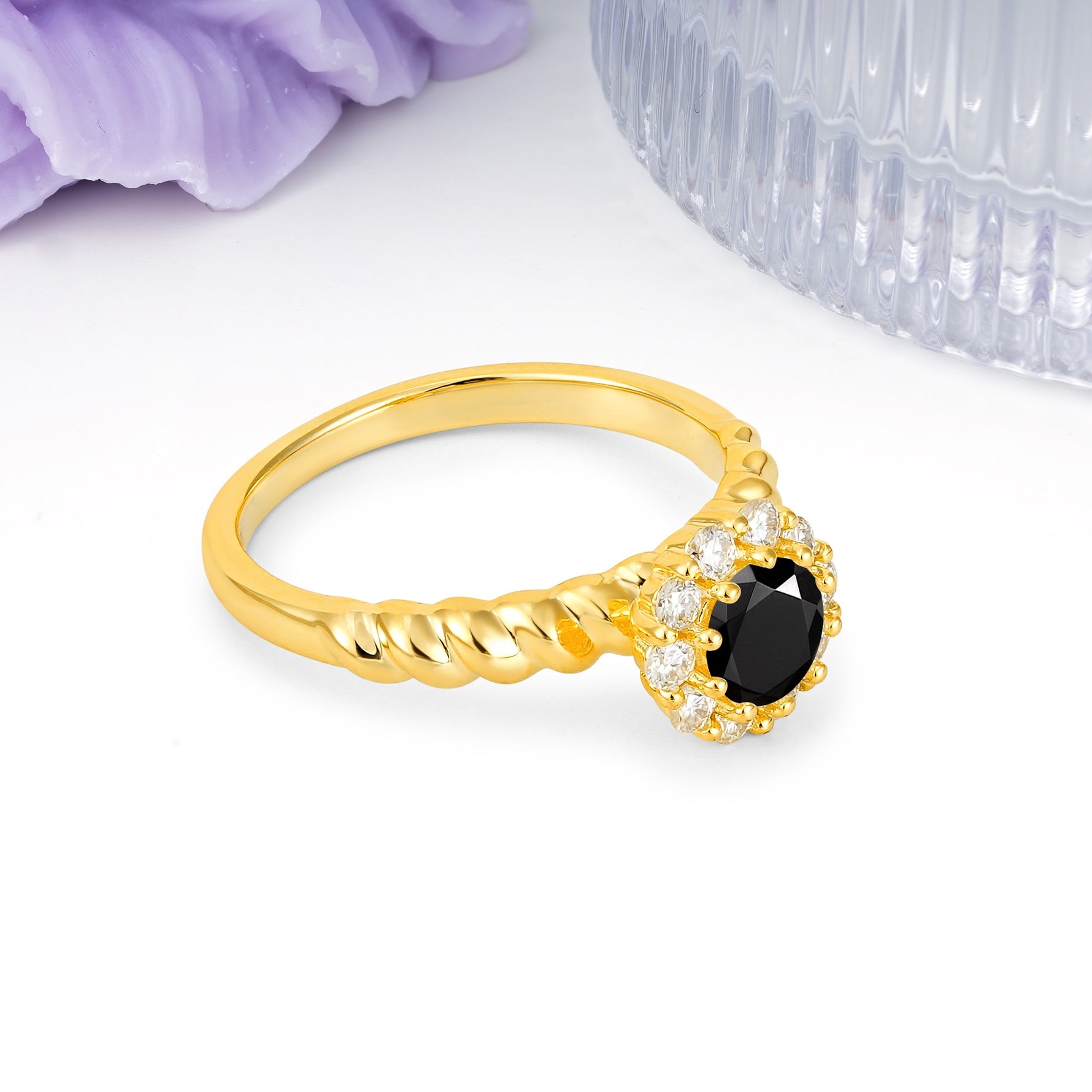 Classic Flower-Shaped 10-Prong Round Cut Black Onyx Engagement Ring - Additional view