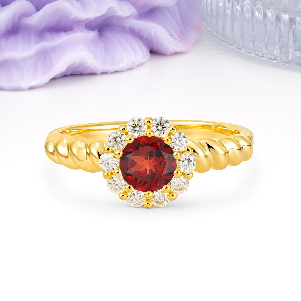 Classic Flower-Shaped 10-Prong Round Cut Garnet Engagement Ring - Additional view