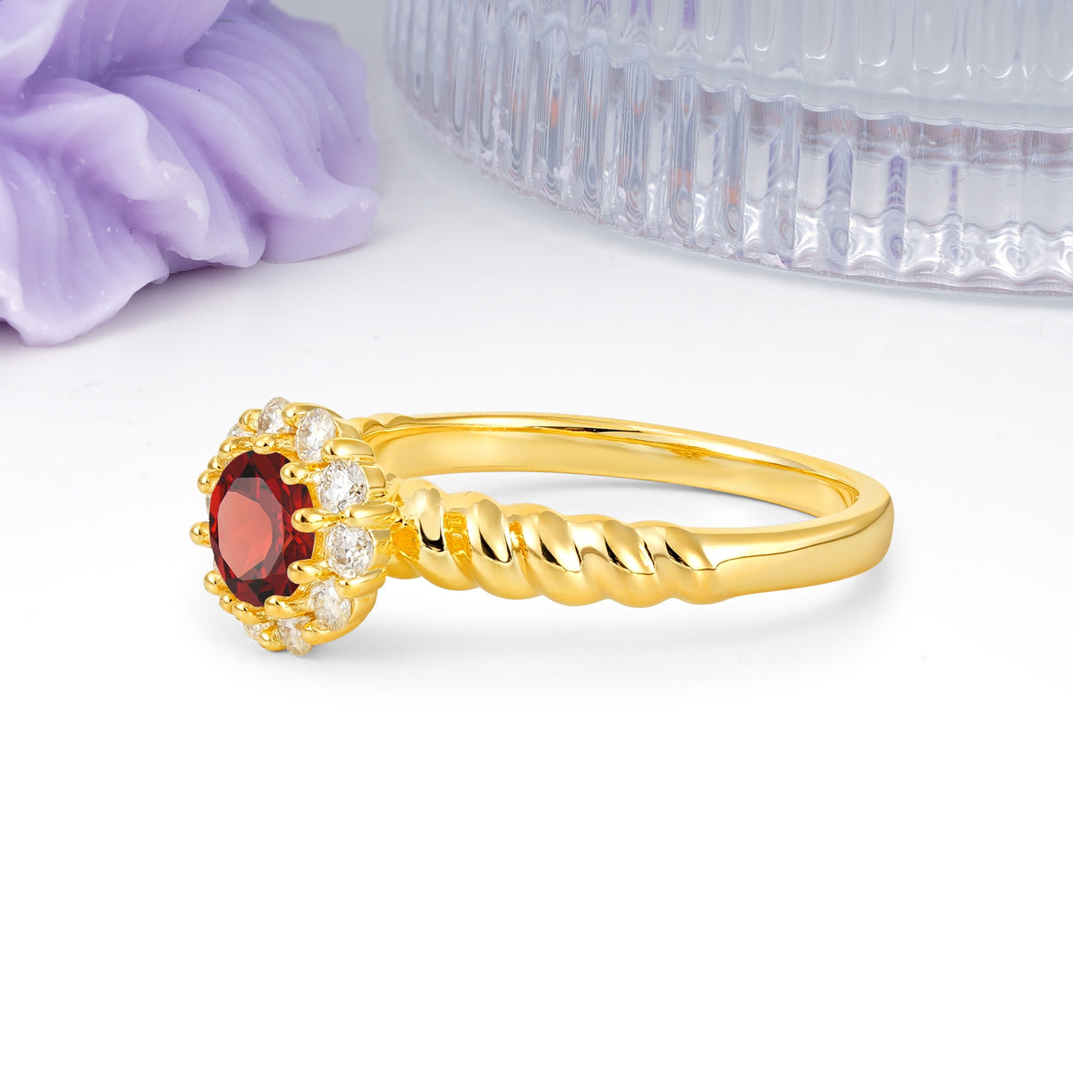 Classic Flower-Shaped 10-Prong Round Cut Garnet Engagement Ring - Additional view