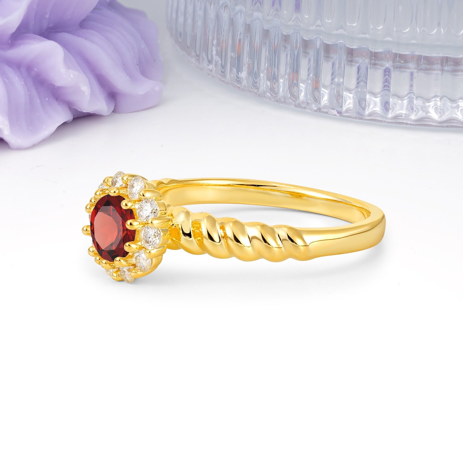 Classic Flower-Shaped 10-Prong Round Cut Garnet Engagement Ring - Additional view