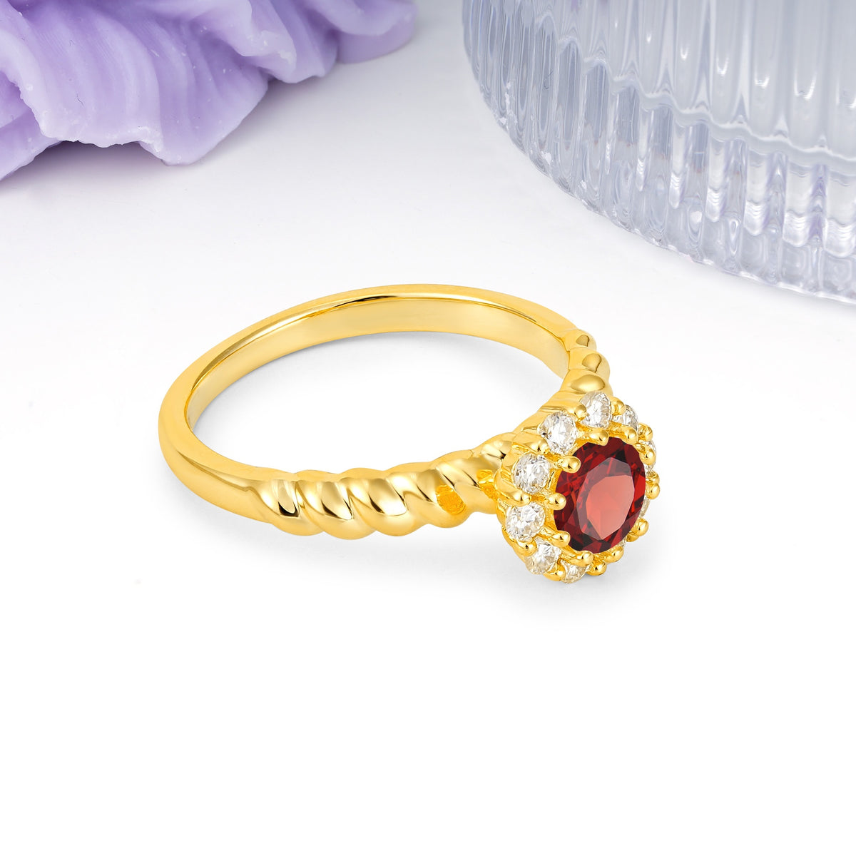 Classic Flower-Shaped 10-Prong Round Cut Garnet Engagement Ring - Additional view