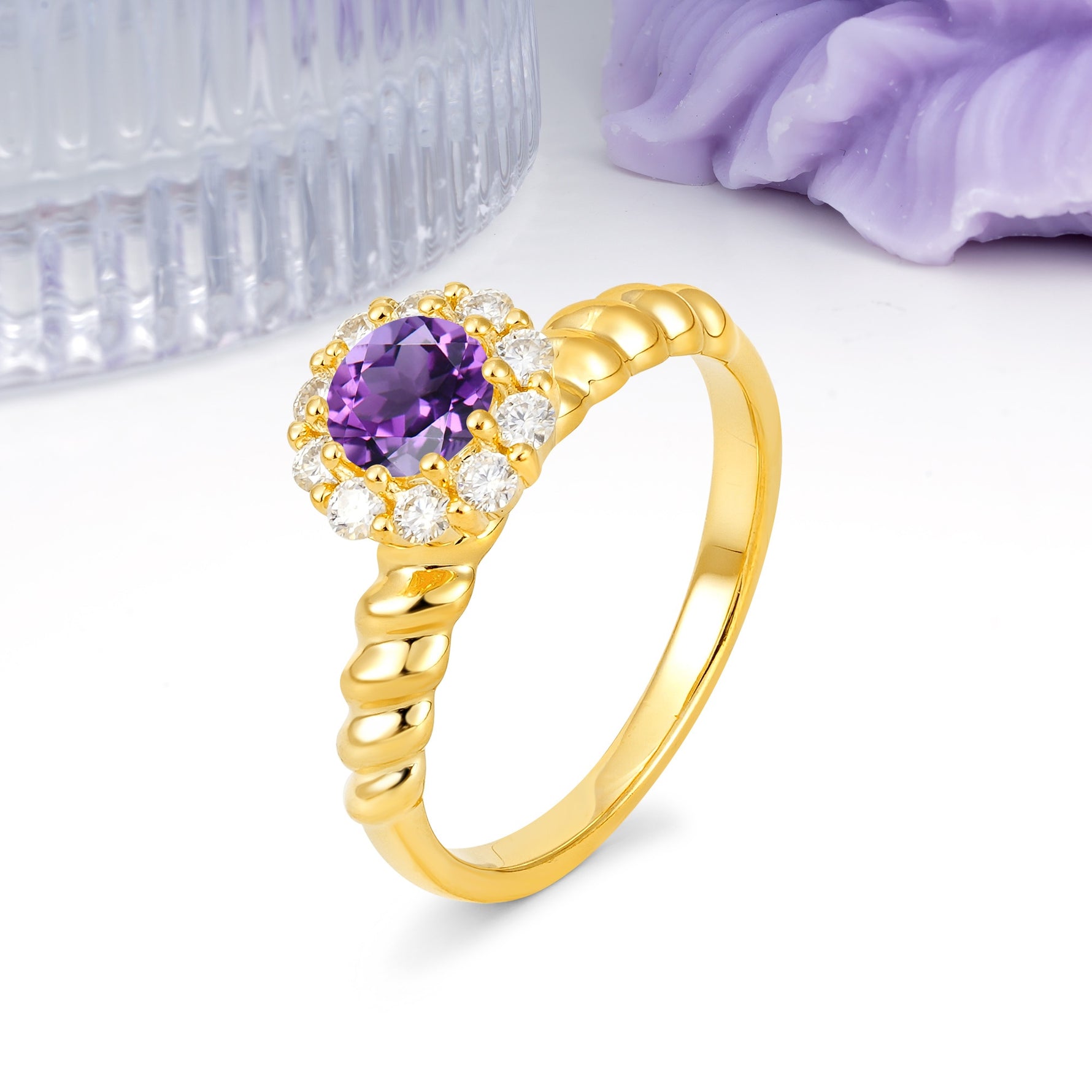 Classic Flower-Shaped 10-Prong Round Cut Amethyst Engagement Ring - Additional view
