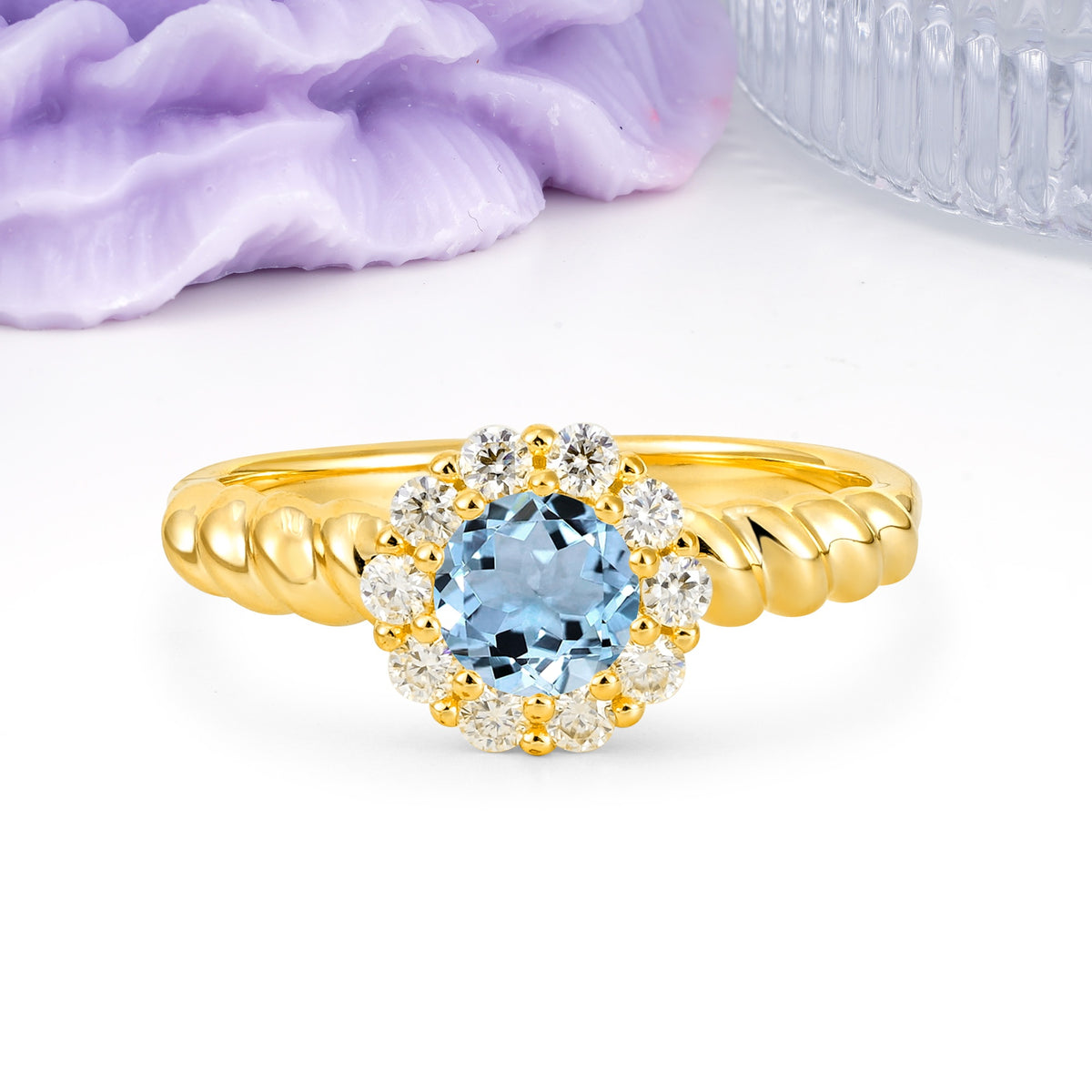 Classic Flower-Shaped 10-Prong Round Cut Aquamarine Engagement Ring - Additional view