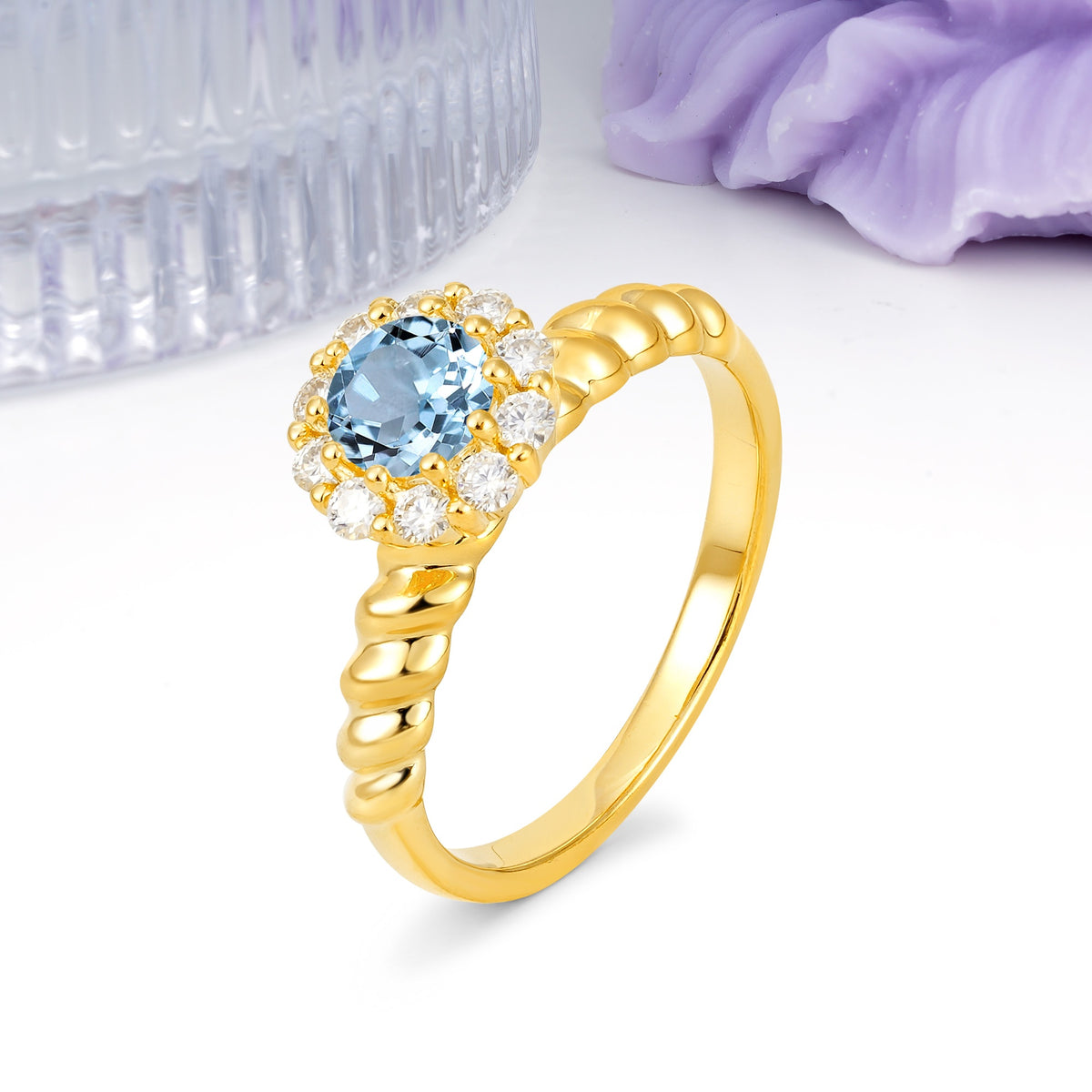 Classic Flower-Shaped 10-Prong Round Cut Aquamarine Engagement Ring - Additional view
