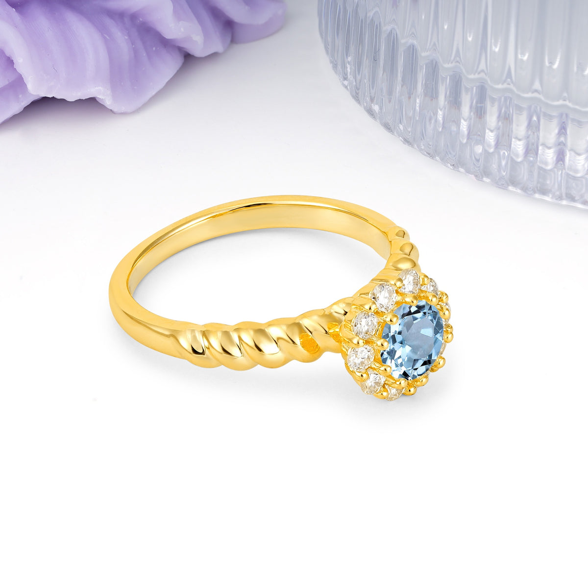 Classic Flower-Shaped 10-Prong Round Cut Aquamarine Engagement Ring - Additional view