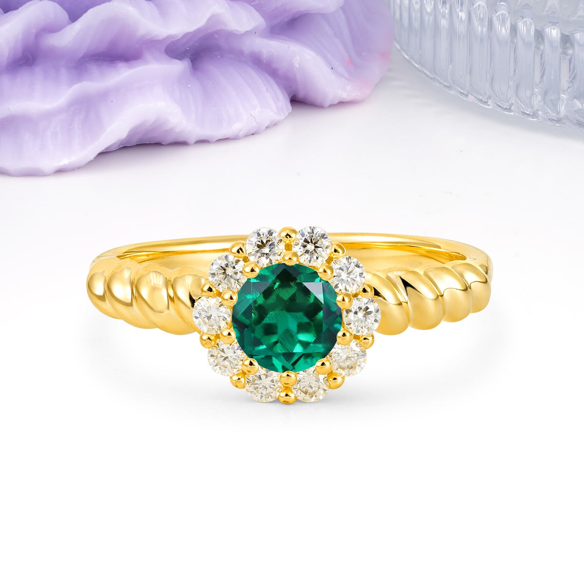 Classic Flower-Shaped 10-Prong Round Cut Emerald Engagement Ring - Additional view