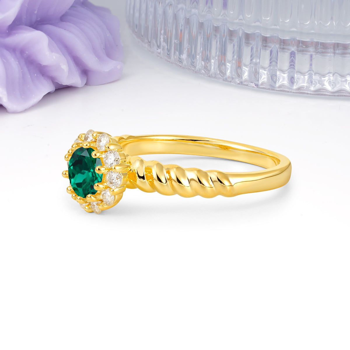 Classic Flower-Shaped 10-Prong Round Cut Emerald Engagement Ring - Additional view