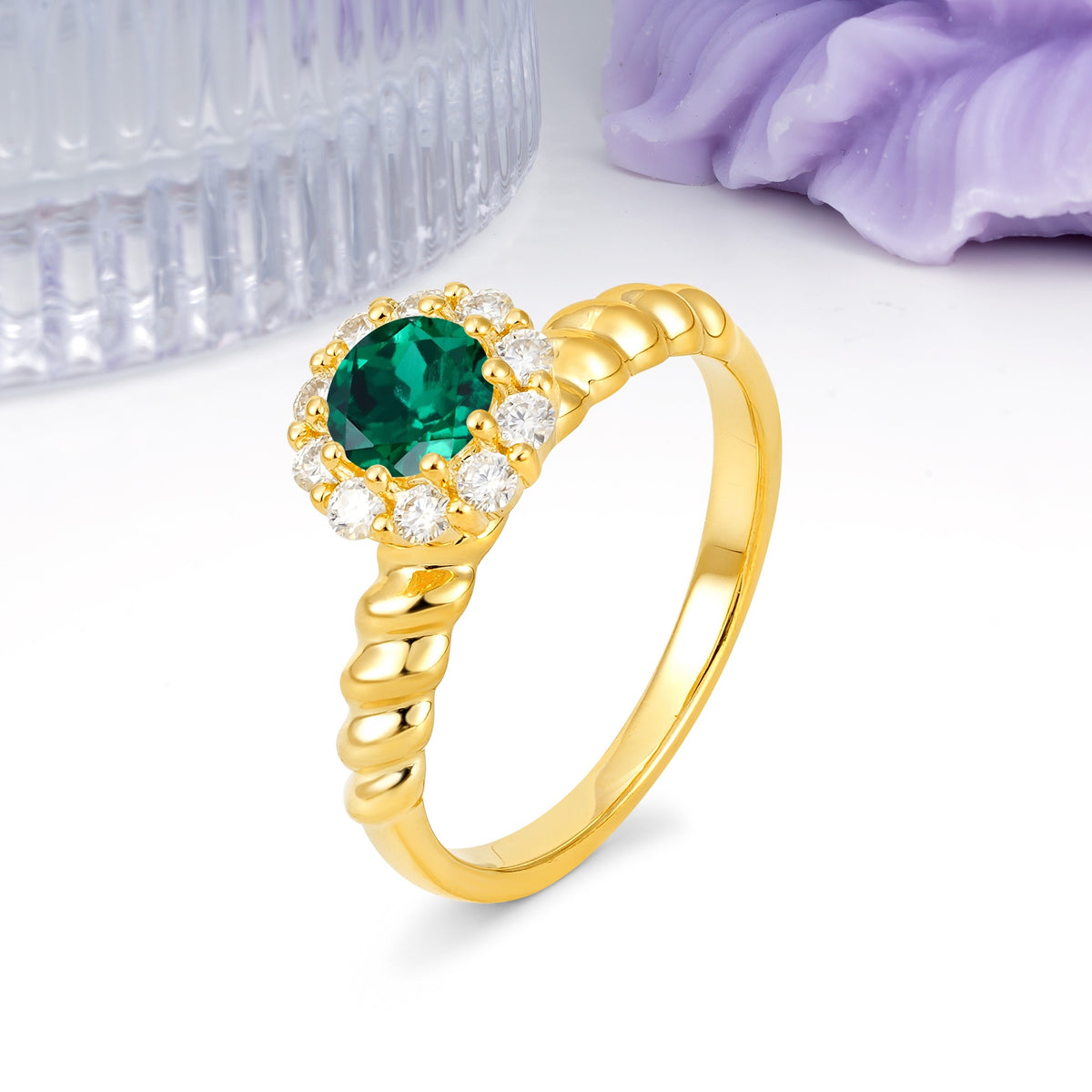 Classic Flower-Shaped 10-Prong Round Cut Emerald Engagement Ring - Additional view