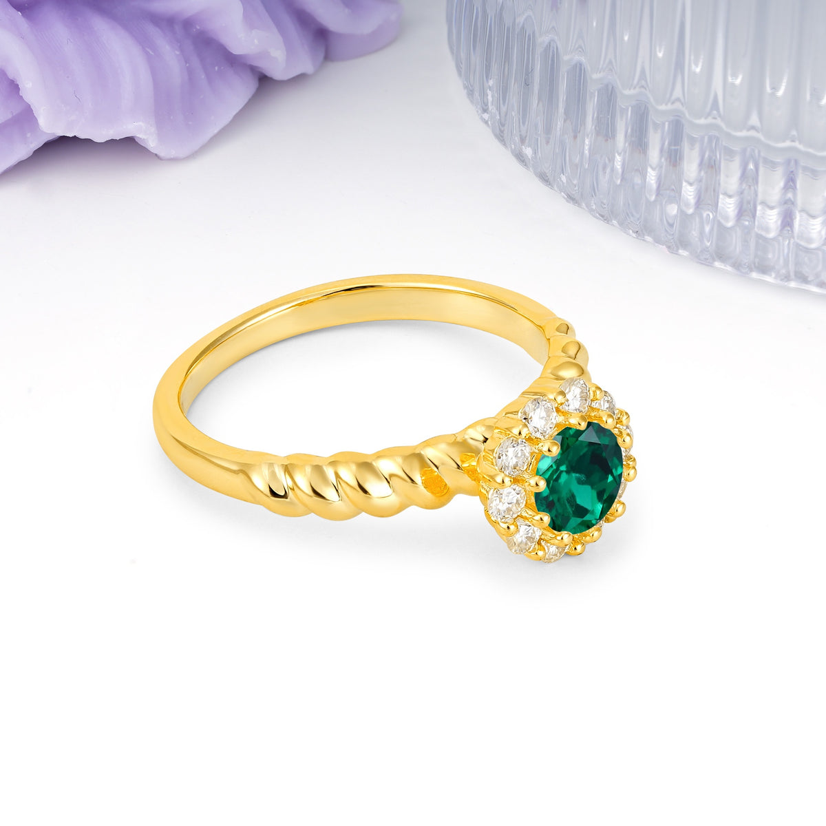 Classic Flower-Shaped 10-Prong Round Cut Emerald Engagement Ring - Additional view