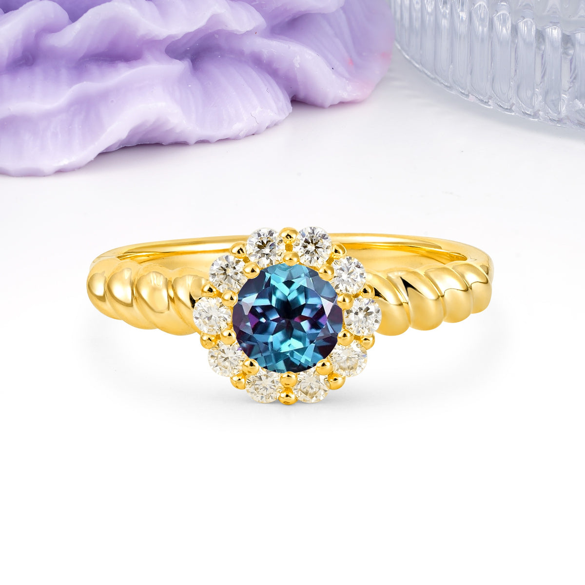 Classic Flower-Shaped 10-Prong Round Cut Alexandrite Engagement Ring - Additional view
