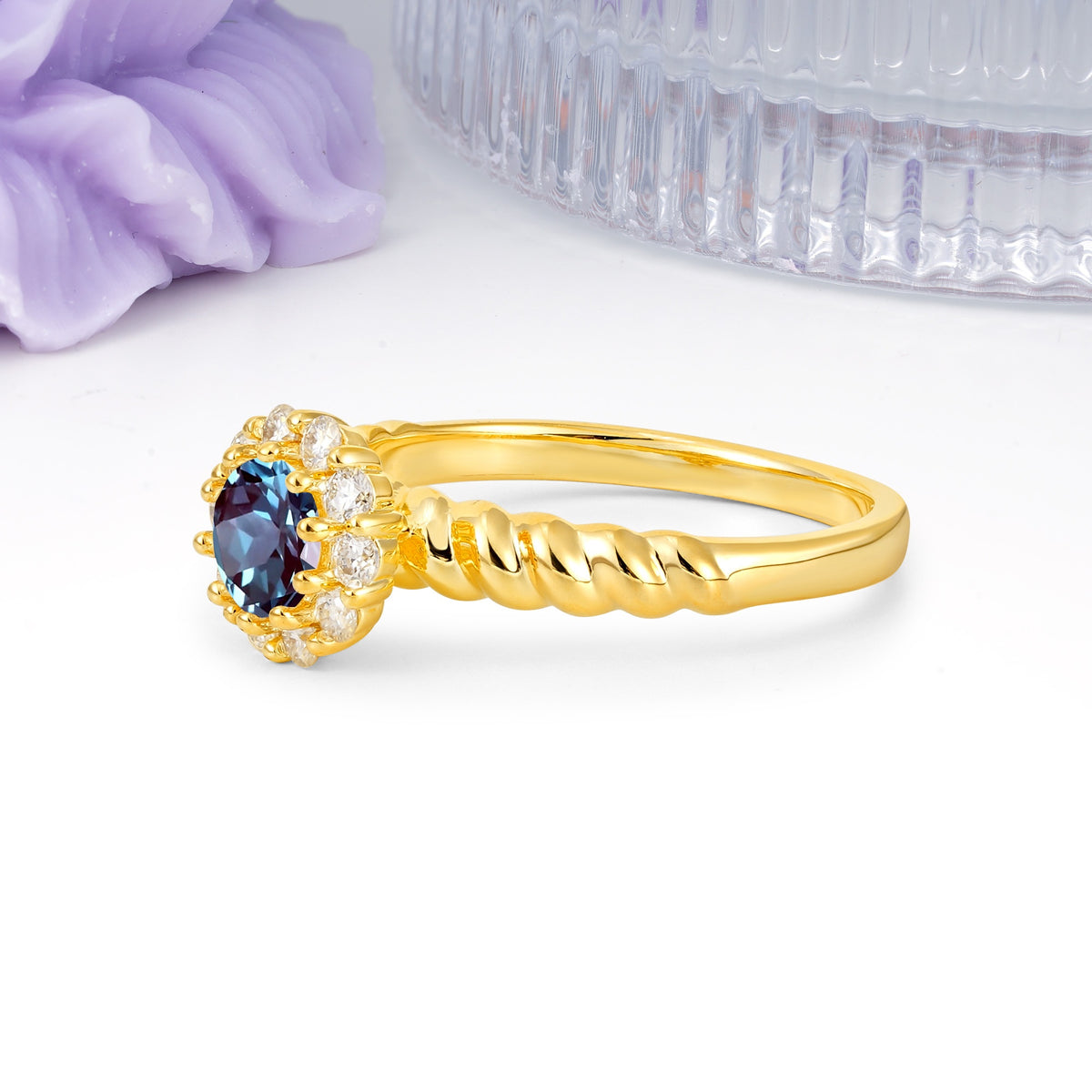 Classic Flower-Shaped 10-Prong Round Cut Alexandrite Engagement Ring - Additional view