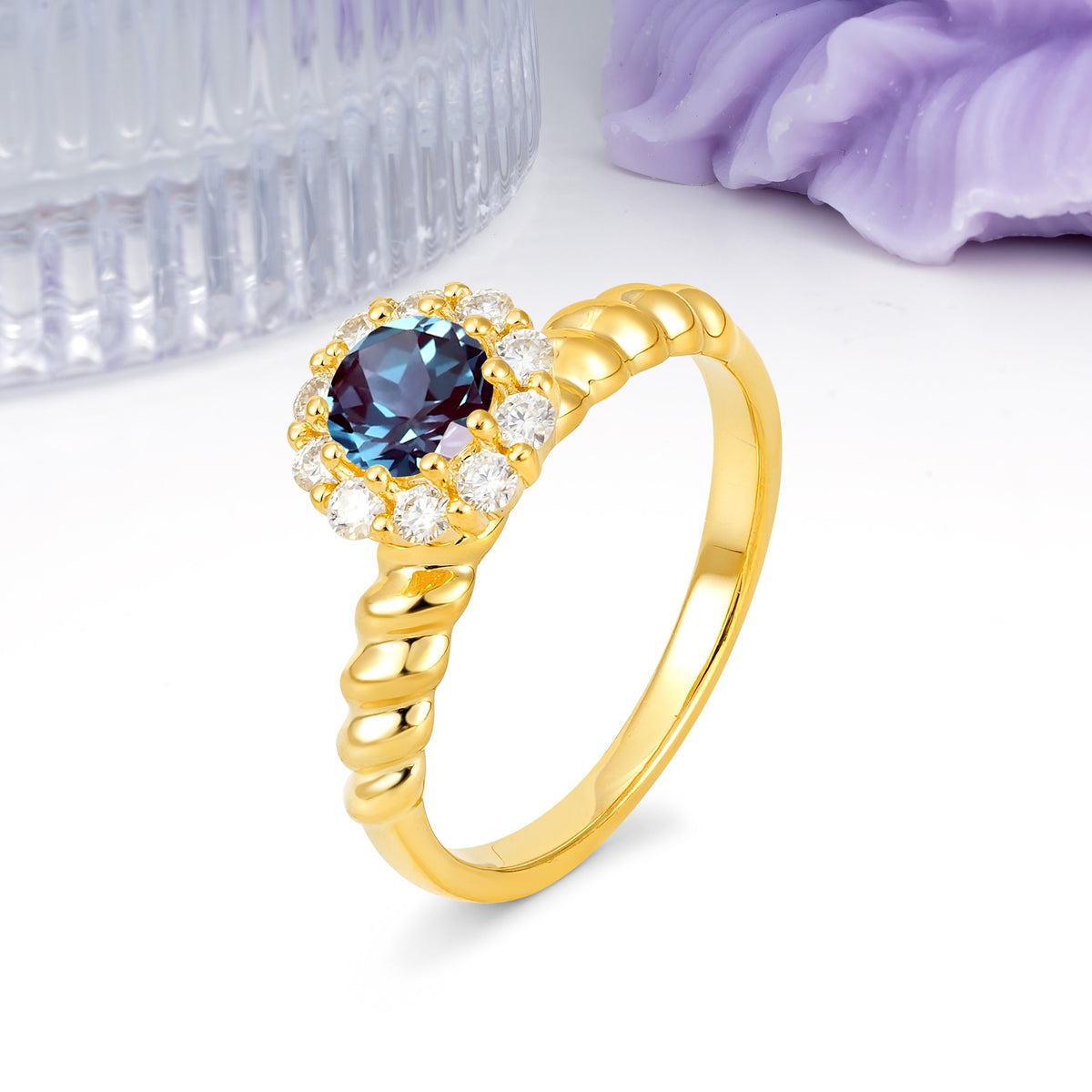 Classic Flower-Shaped 10-Prong Round Cut Alexandrite Engagement Ring - Additional view