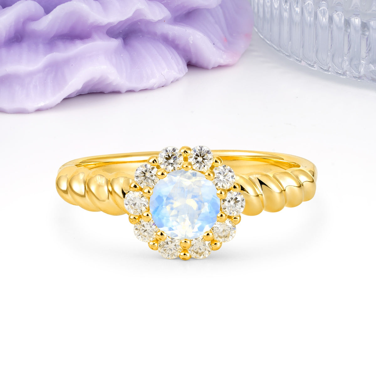 Classic Flower-Shaped 10-Prong Round Cut Moonstone Engagement Ring - Additional view