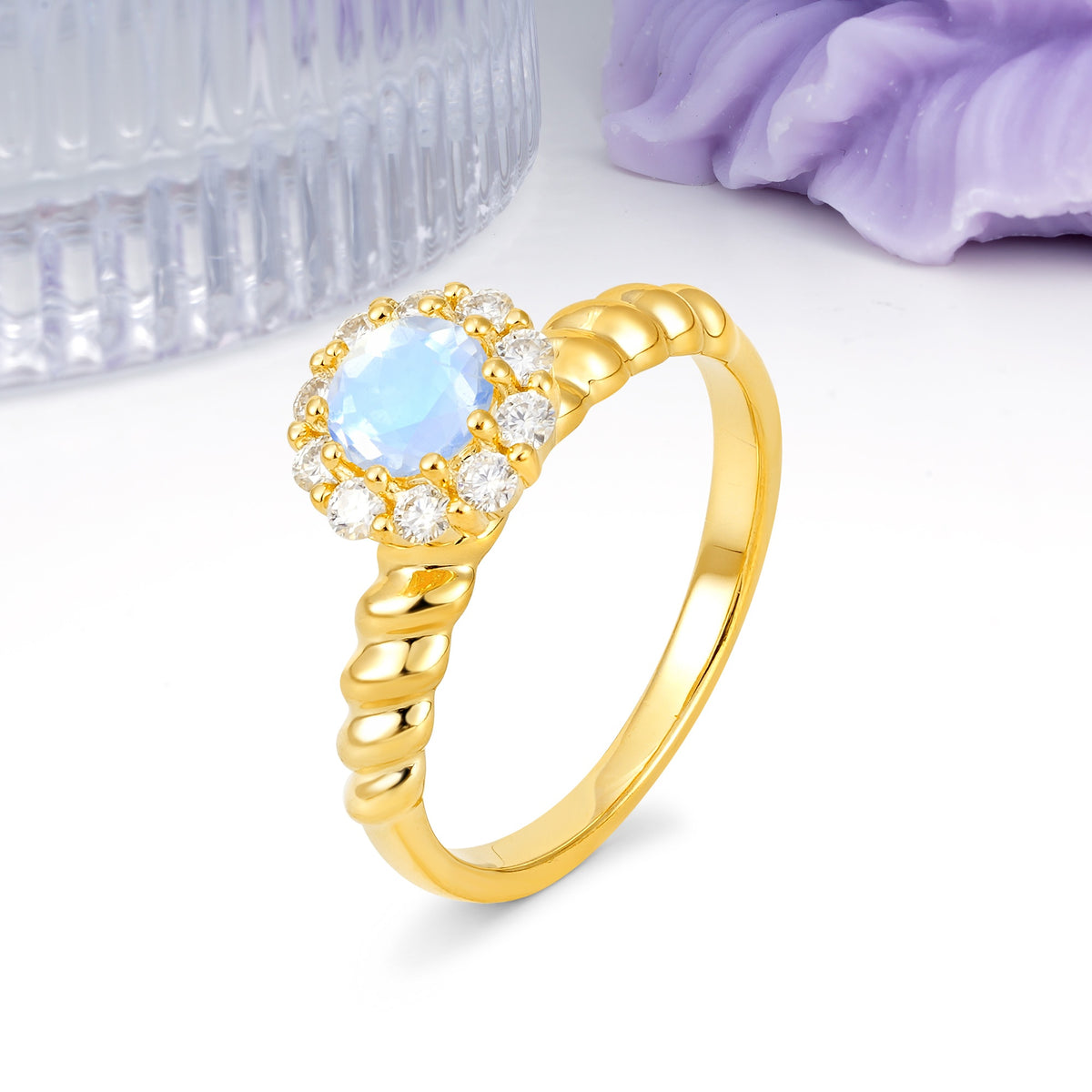 Classic Flower-Shaped 10-Prong Round Cut Moonstone Engagement Ring - Additional view