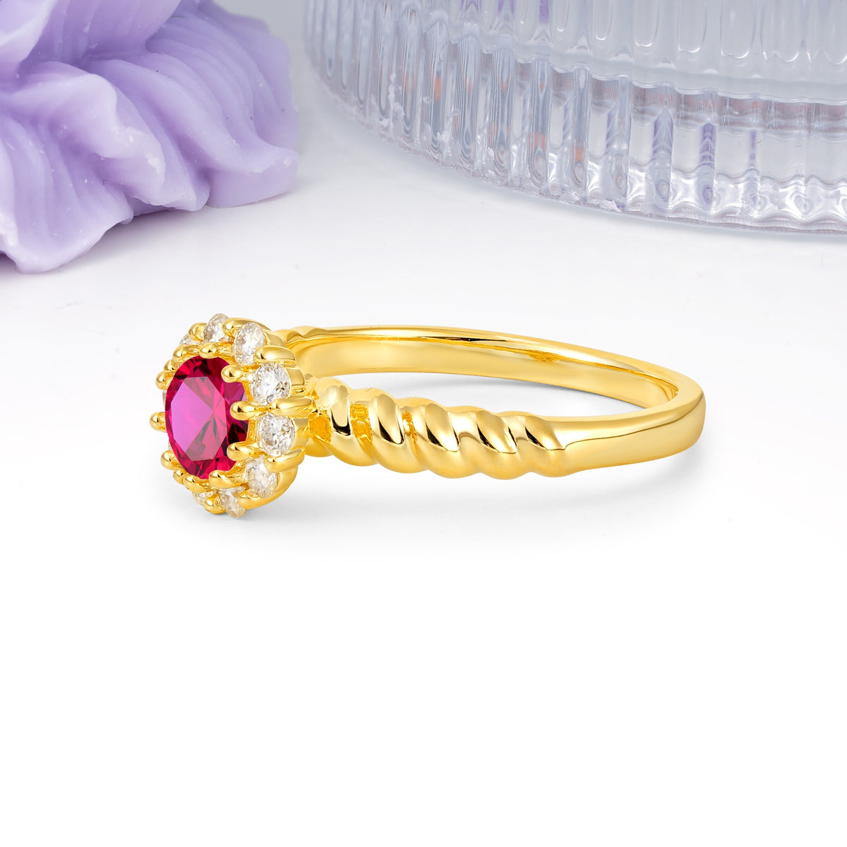 Classic Flower-Shaped 10-Prong Round Cut Ruby Engagement Ring - Additional view