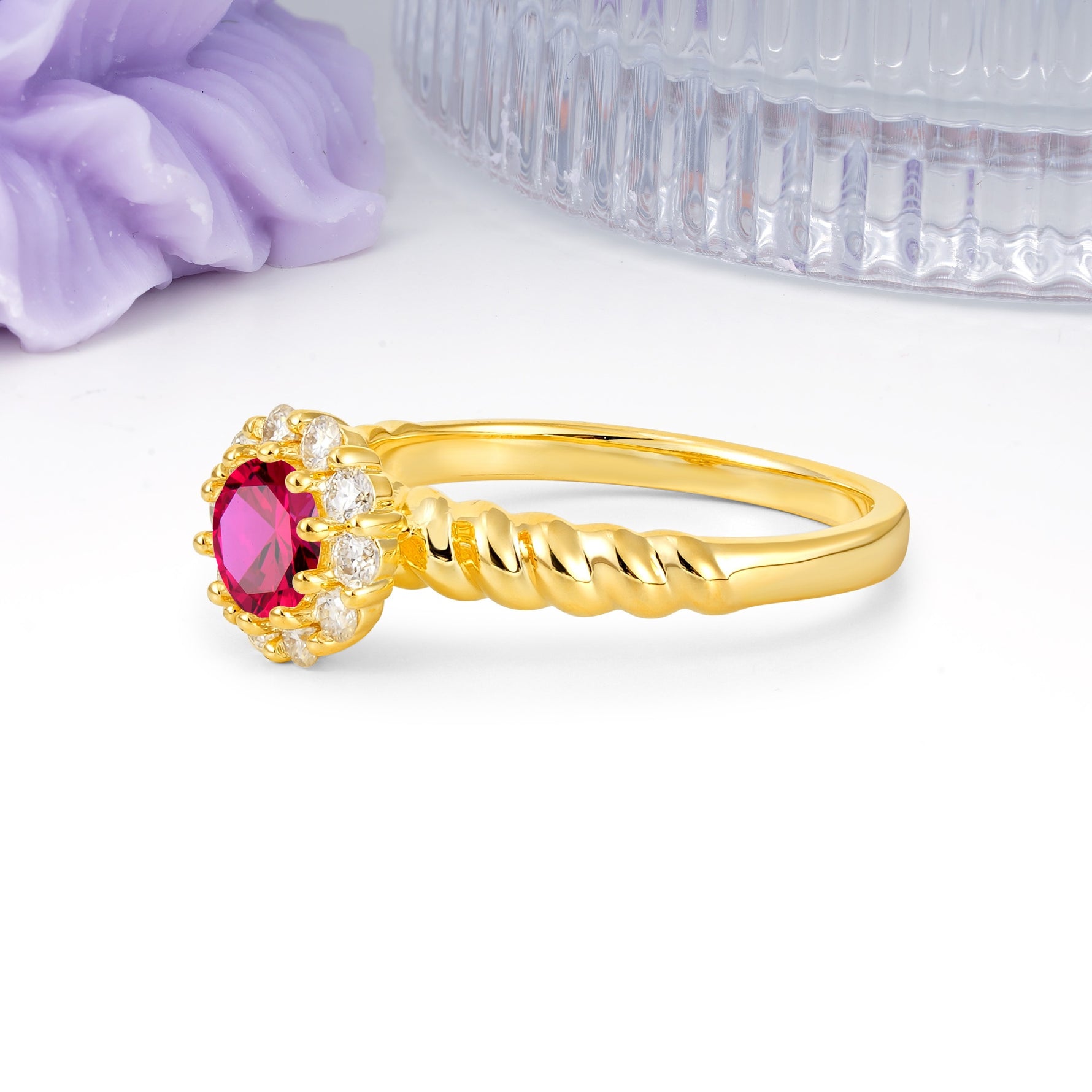 Classic Flower-Shaped 10-Prong Round Cut Ruby Engagement Ring - Additional view