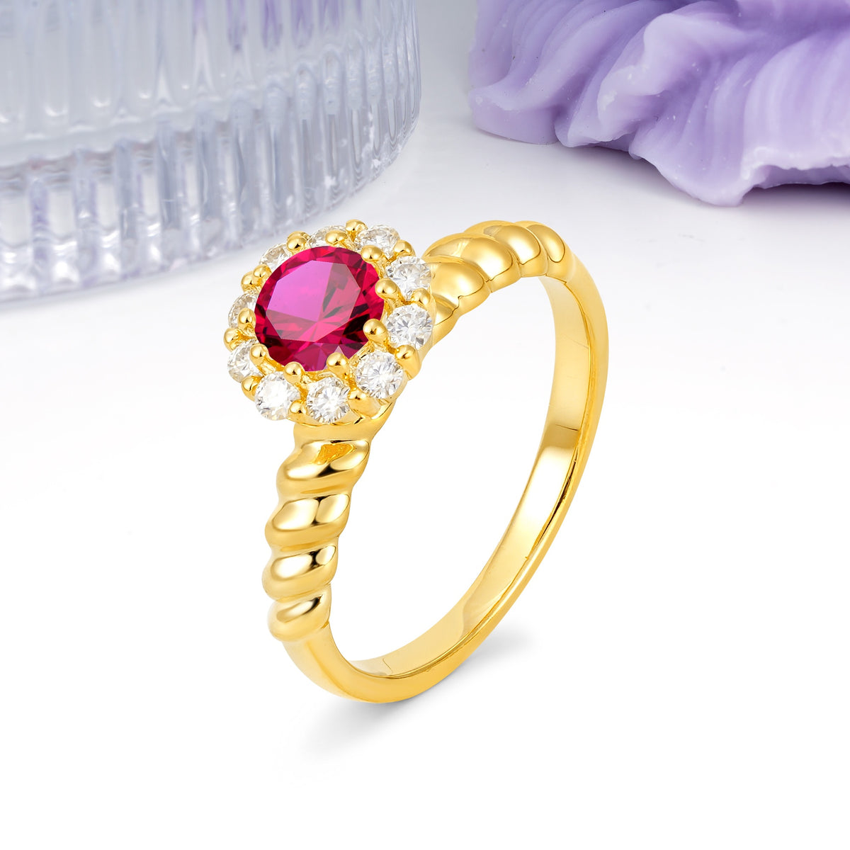 Classic Flower-Shaped 10-Prong Round Cut Ruby Engagement Ring - Additional view