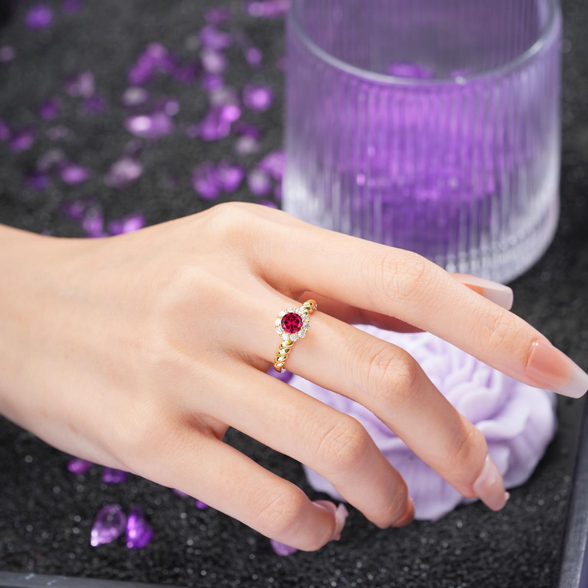 Classic Flower-Shaped 10-Prong Round Cut Ruby Engagement Ring