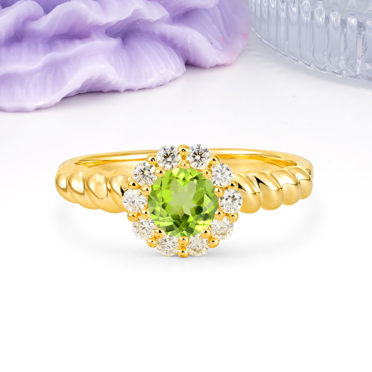 Classic Flower-Shaped 10-Prong Round Cut Peridot Engagement Ring - Additional view