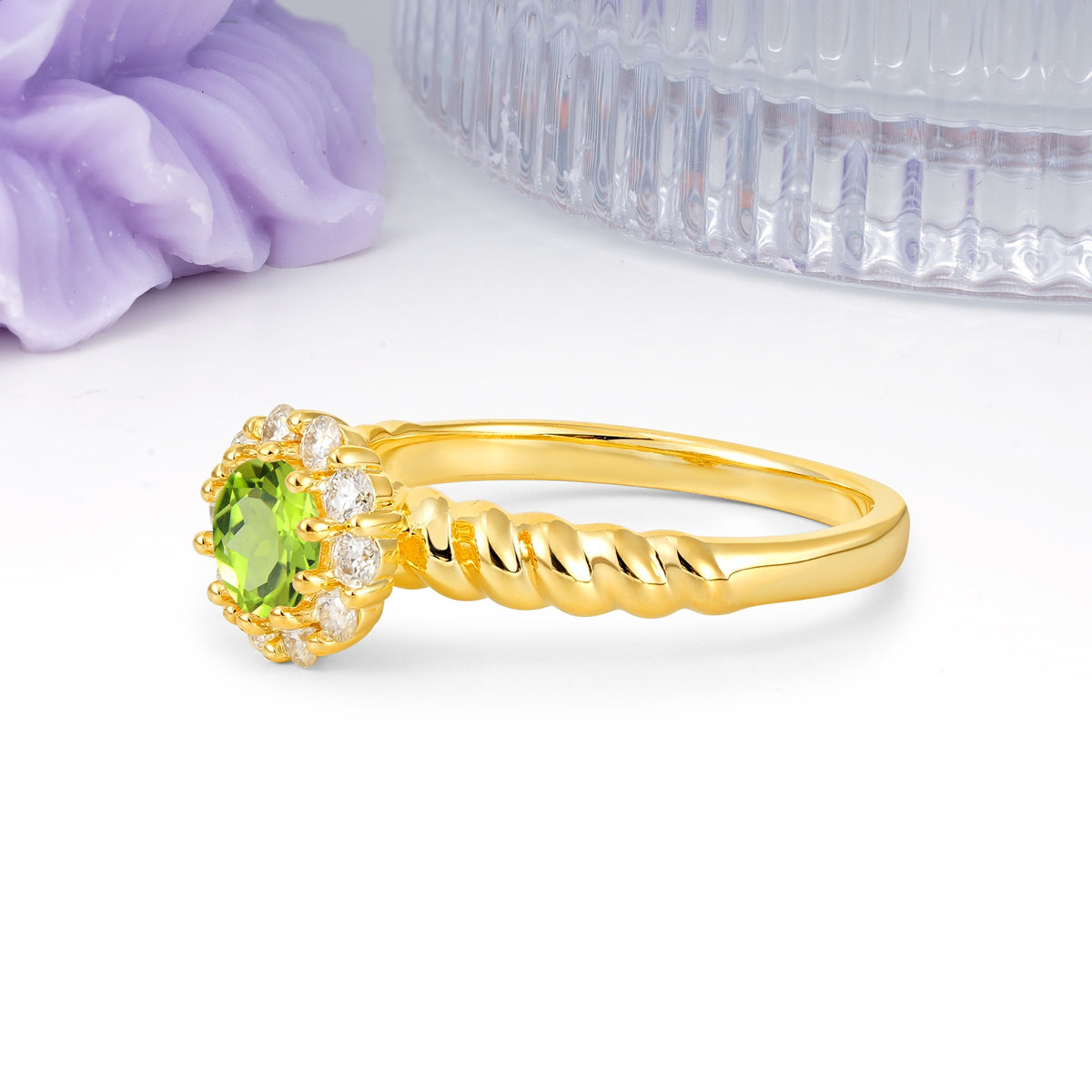 Classic Flower-Shaped 10-Prong Round Cut Peridot Engagement Ring - Additional view