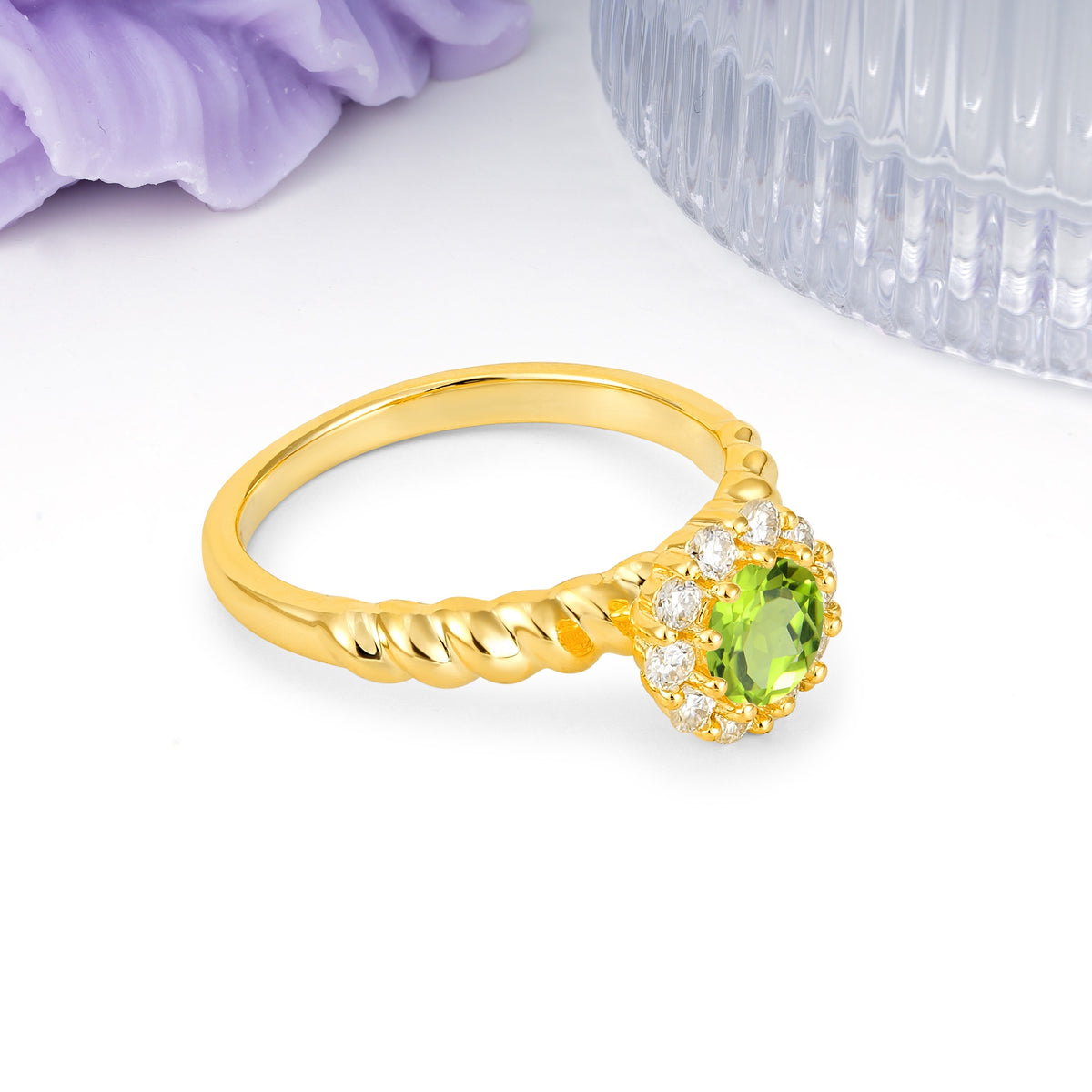 Classic Flower-Shaped 10-Prong Round Cut Peridot Engagement Ring - Additional view