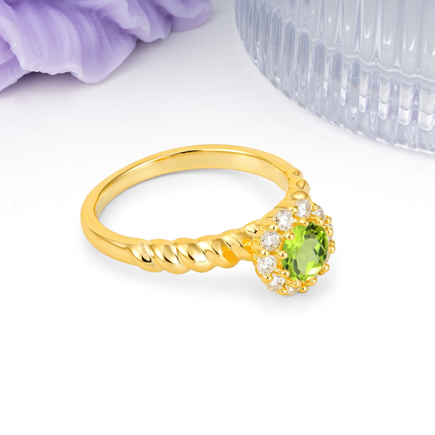 Classic Flower-Shaped 10-Prong Round Cut Peridot Engagement Ring - Additional view