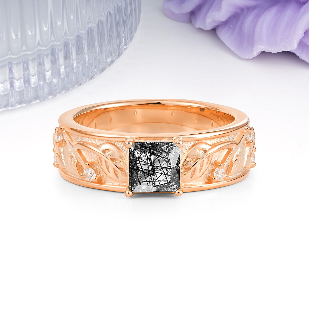 Nature-Inspired Luxury 4-Prong Black Rutilated Quartz Engagement Ring - Additional view