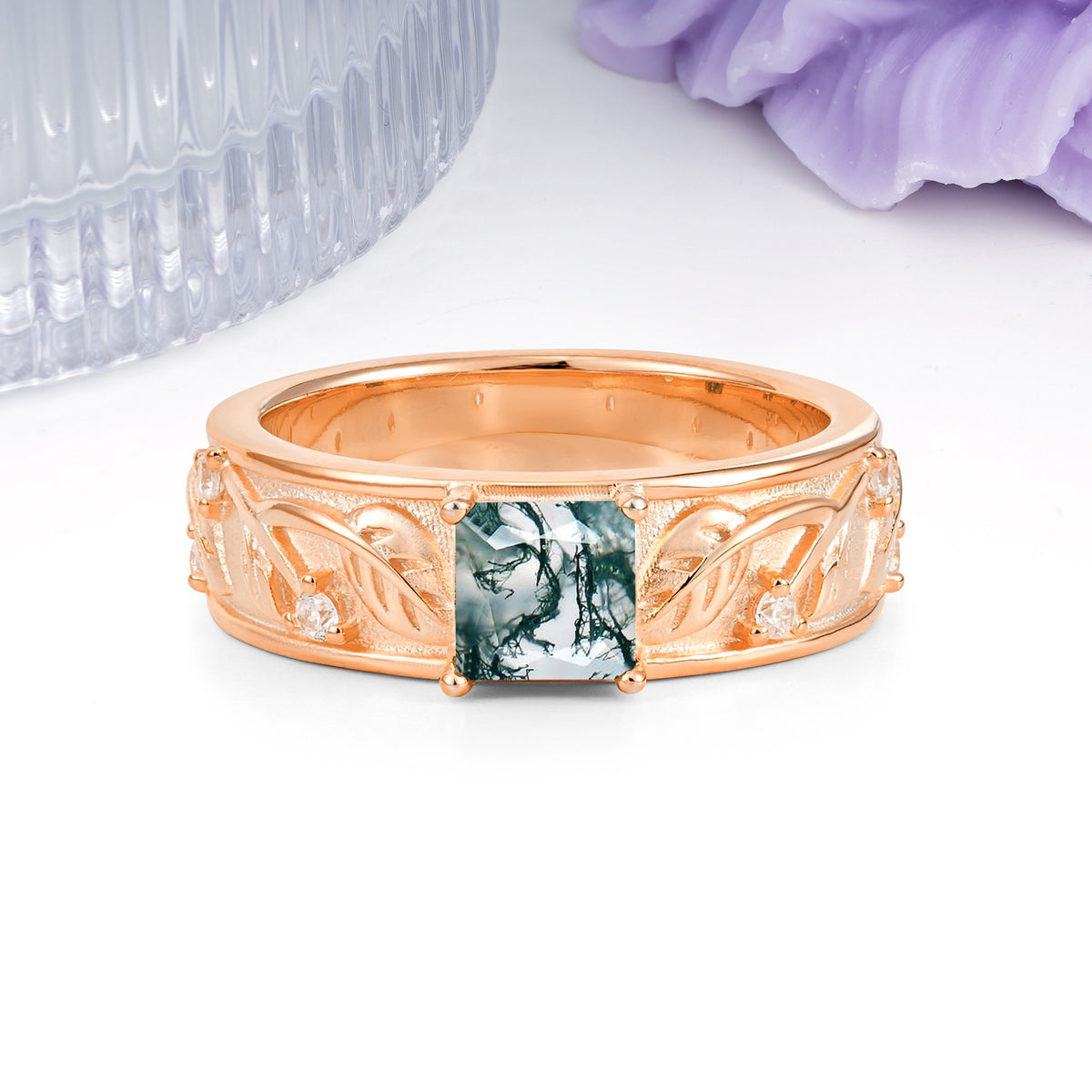 Nature-Inspired Luxury 4-Prong Moss Agate Engagement Ring - Additional view